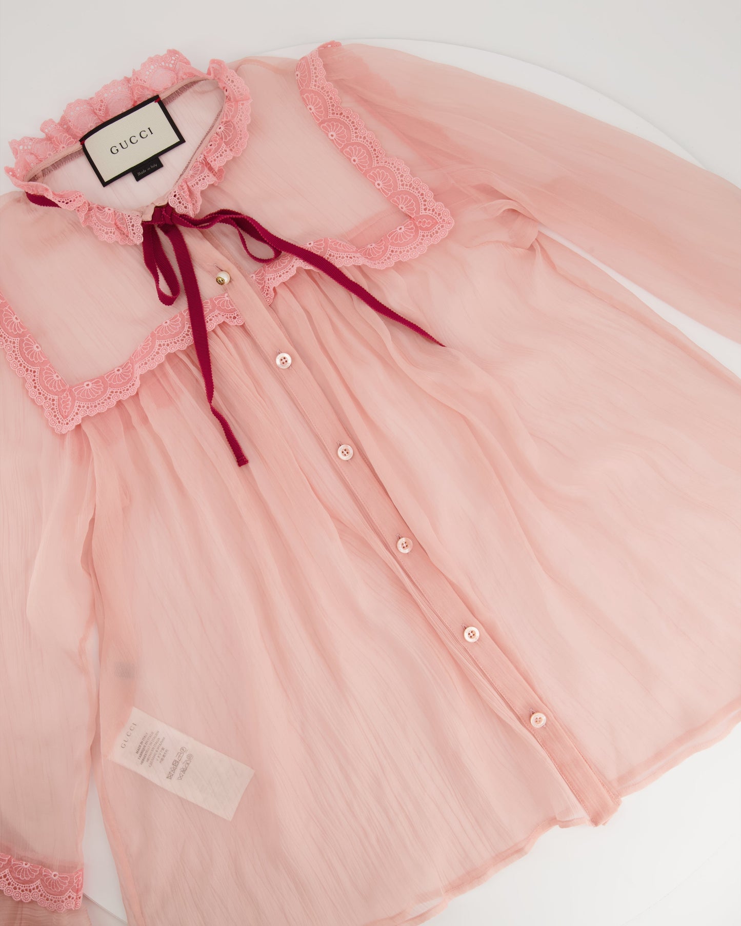 Luxury Gucci Pink Silk Pearl Button Down Shirt with Crochet Trim Detailing IT 36 (UK 4)