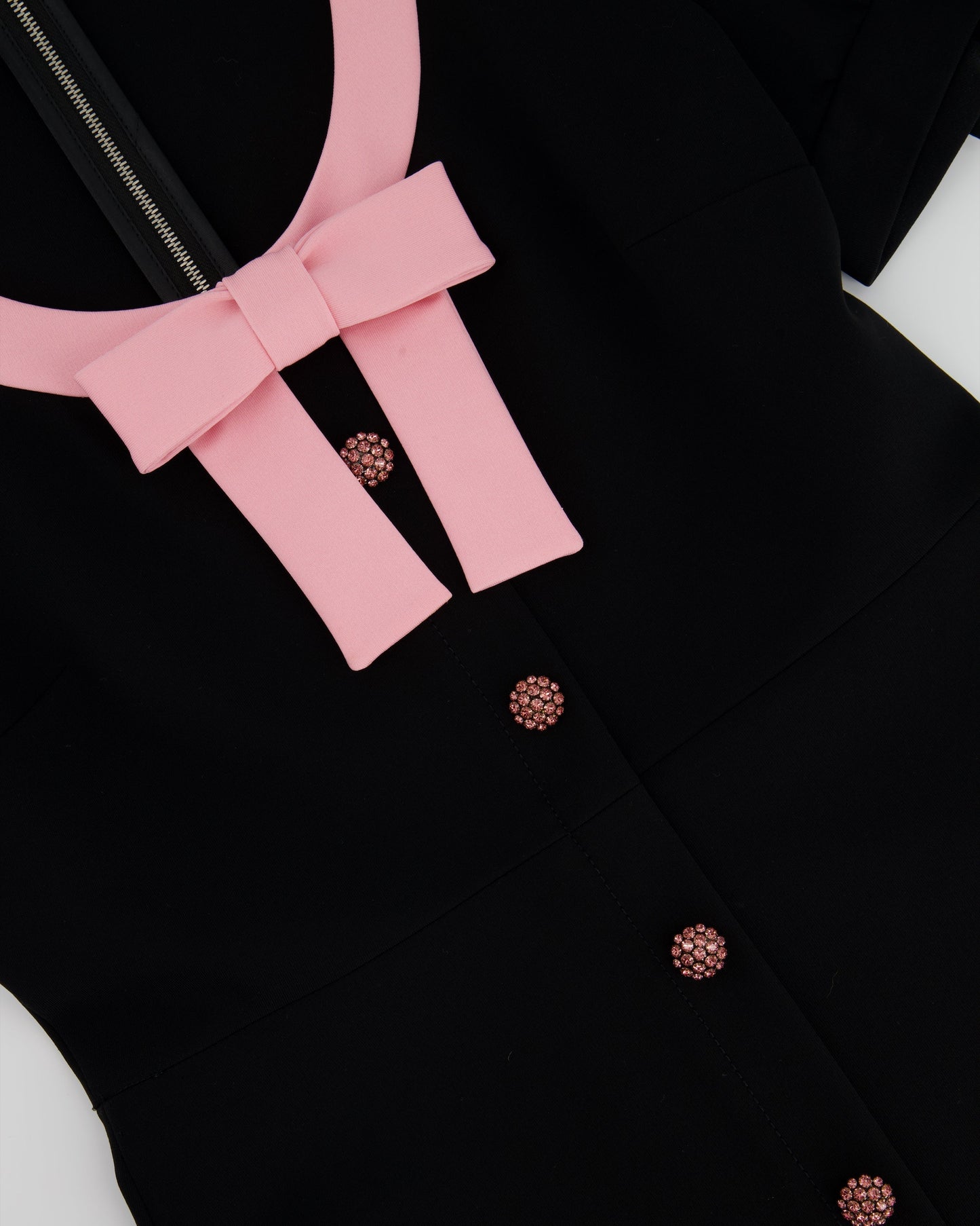 Luxury Gucci Trending 2025 Black Short-Sleeve Dress with Pink Bow Trim, Crystal Detail Size L