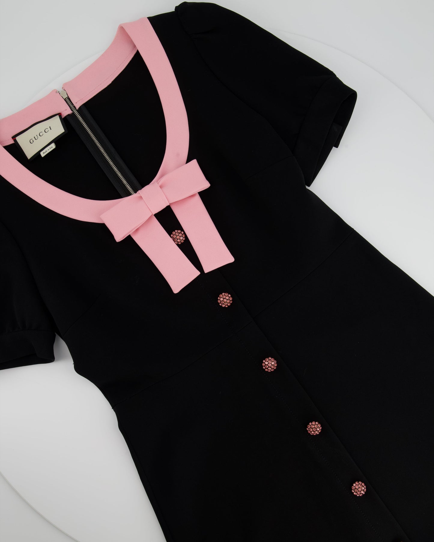 Luxury Gucci Trending 2025 Black Short-Sleeve Dress with Pink Bow Trim, Crystal Detail Size L