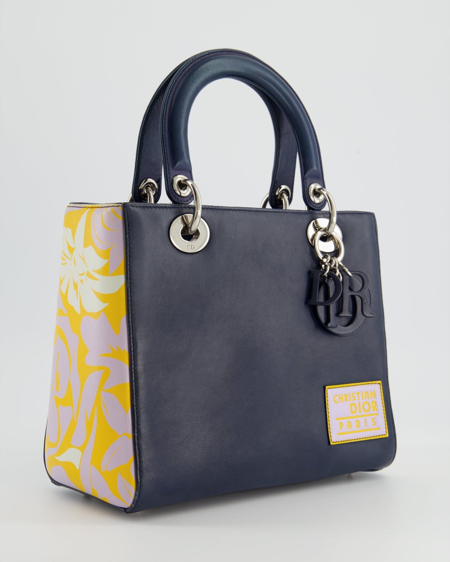 Christian Luxury DiorNavy Blue Medium Lady Luxury DiorBag Calfskin Leather with Purple and Yellow Abstract Print and Silver Hardware