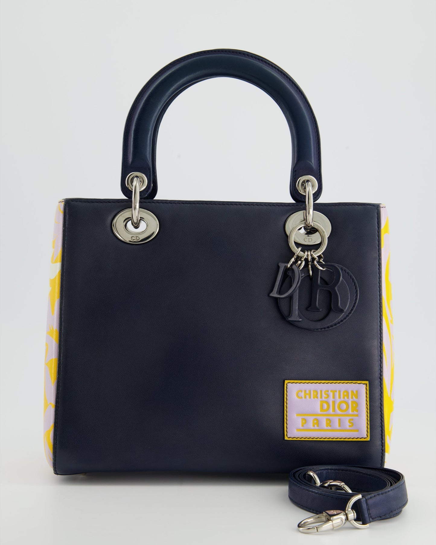 Christian Luxury DiorNavy Blue Medium Lady Luxury DiorBag Calfskin Leather with Purple and Yellow Abstract Print and Silver Hardware