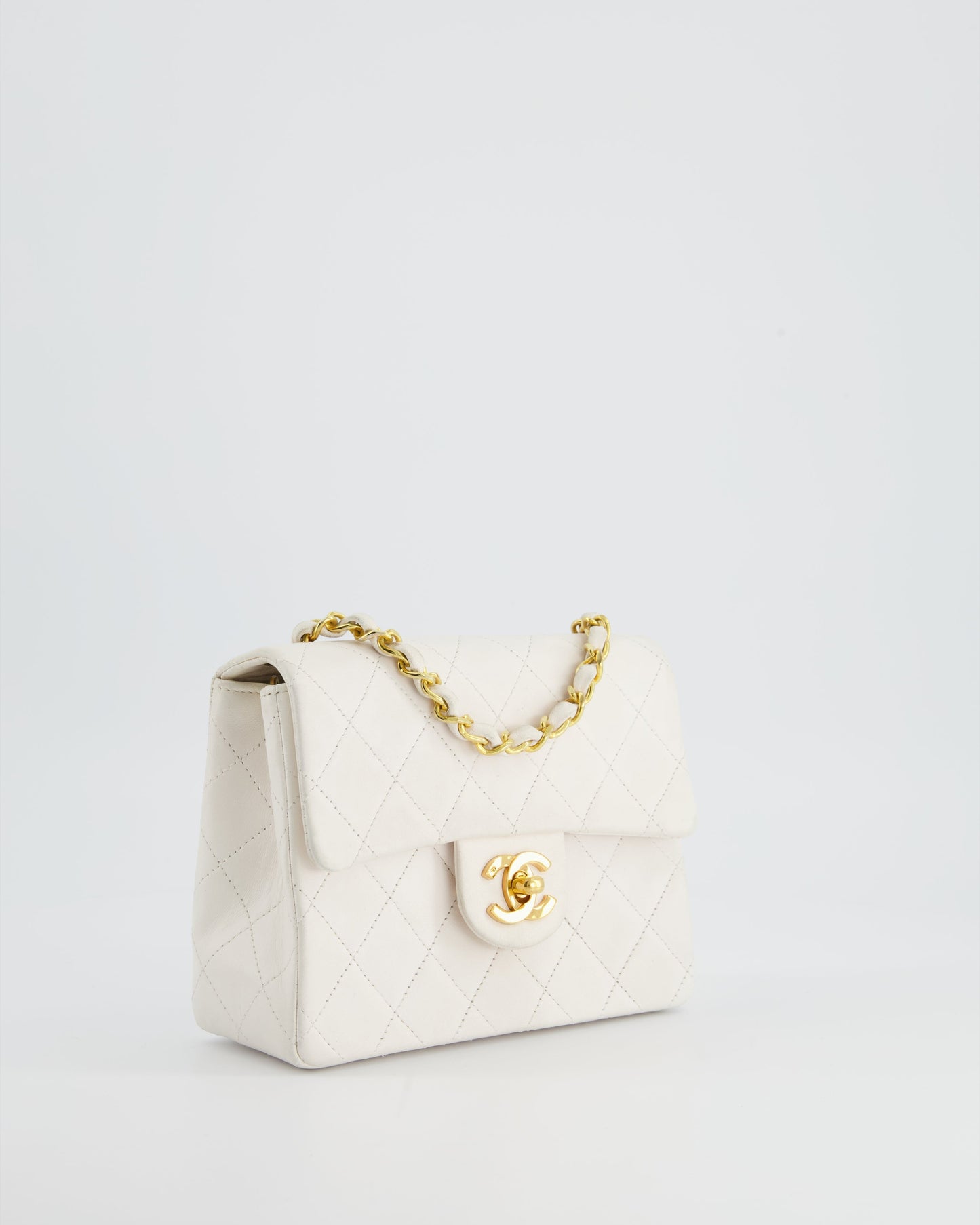 Chanel Vintage White Mini Square Bag in Lambskin Leather with 24K Gold Hardware