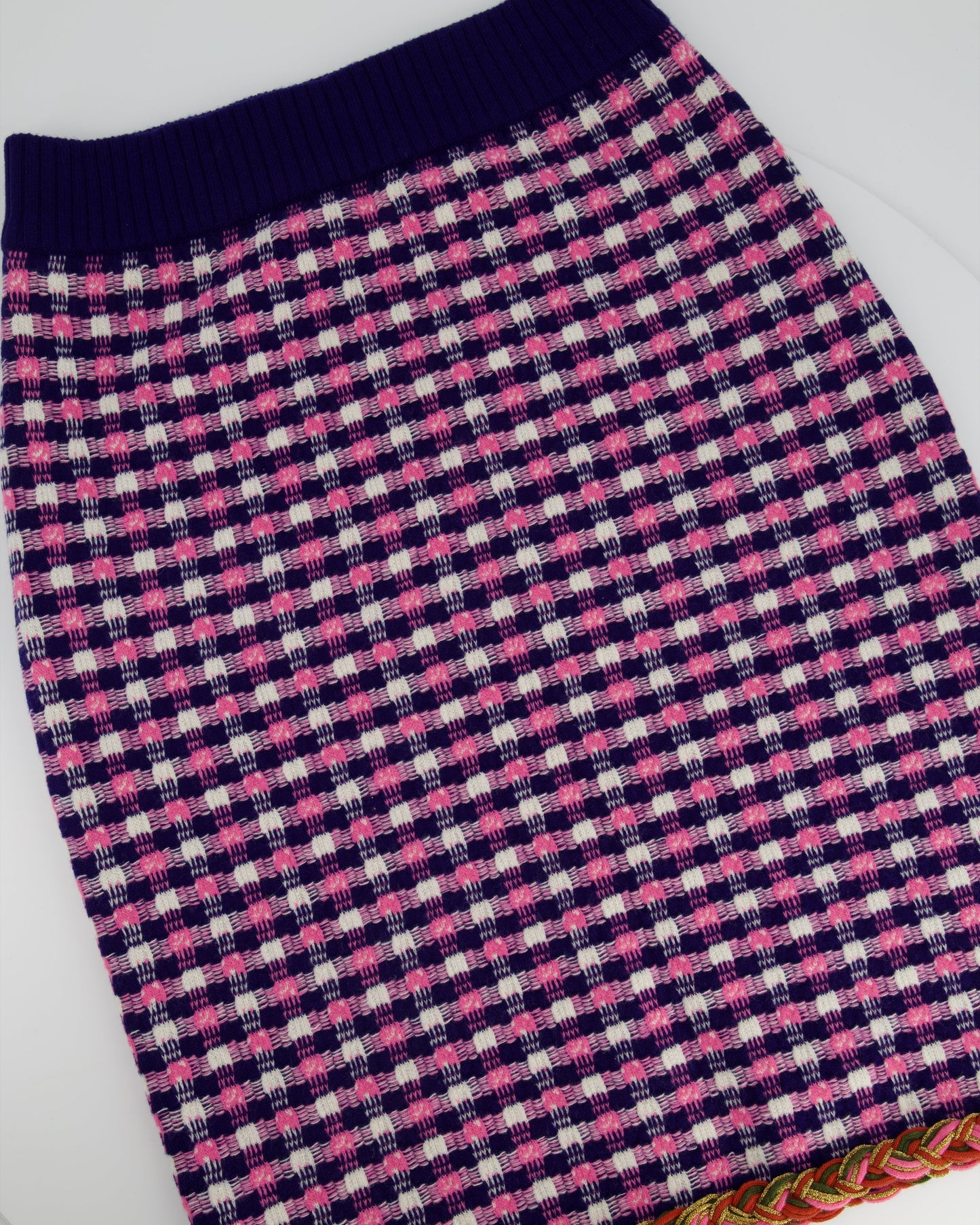 Luxury Gucci Pink, White and Purple Check Knitted Midi Skirt with Metallic Hem Size M (UK 10)