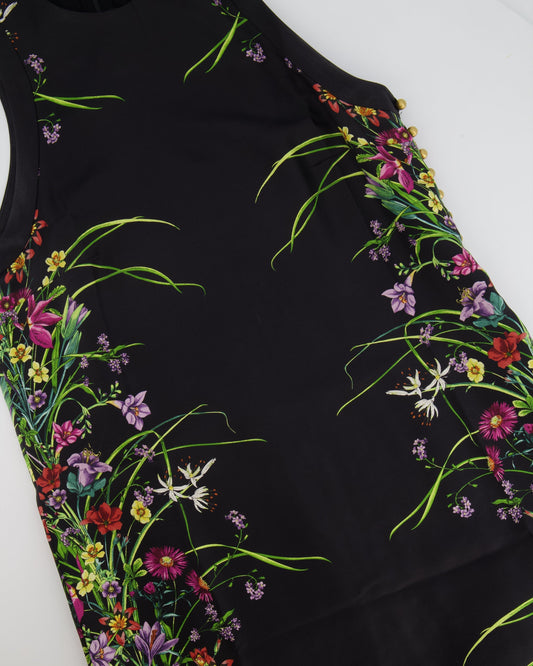 Luxury Gucci Trending 2025 Black Silk Mini Floral Printed Dress with Gold Pearl Embellishments Size IT 38