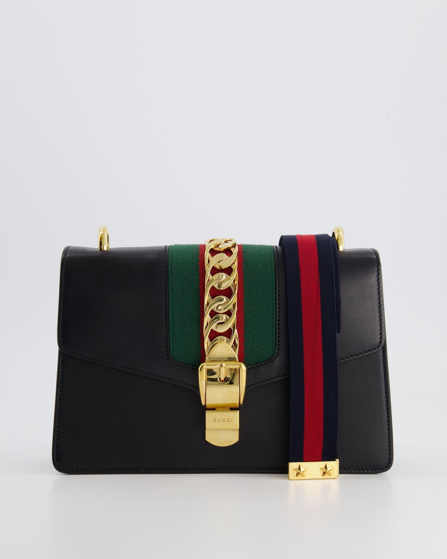 Luxury Gucci Trending 2025 Black Leather Small Sylvie Bag Canvas with Gold Hardware and Canvas Strap