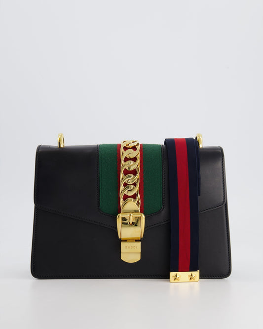 Luxury Gucci Trending 2025 Black Leather Small Sylvie Bag Canvas with Gold Hardware and Canvas Strap