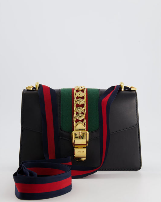 Luxury Gucci Trending 2025 Black Leather Small Sylvie Bag Canvas with Gold Hardware and Canvas Strap