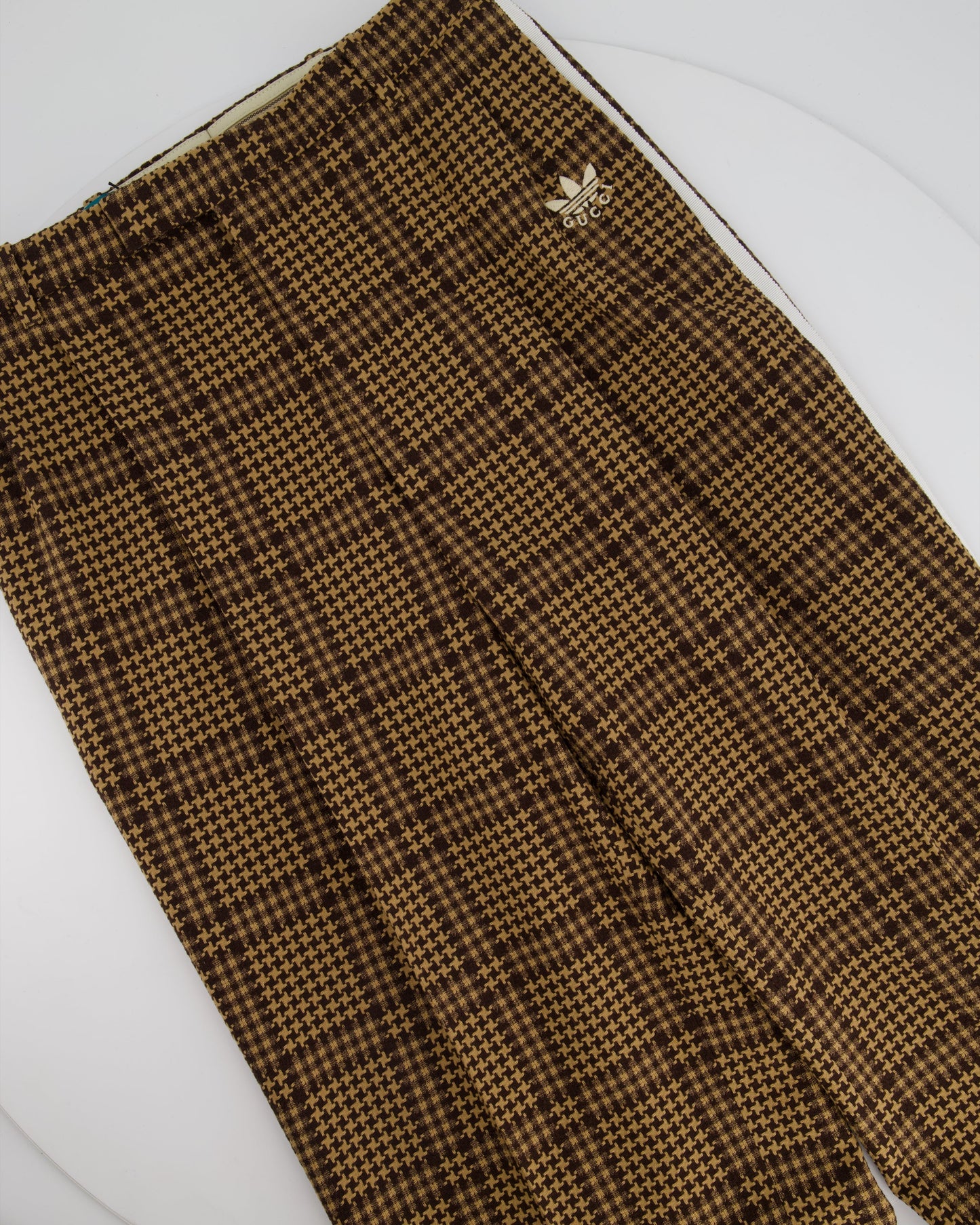 Luxury Gucci X Adidas Brown Check Wool Trousers with White Stripe Side Detail Size IT 42 (UK 10)