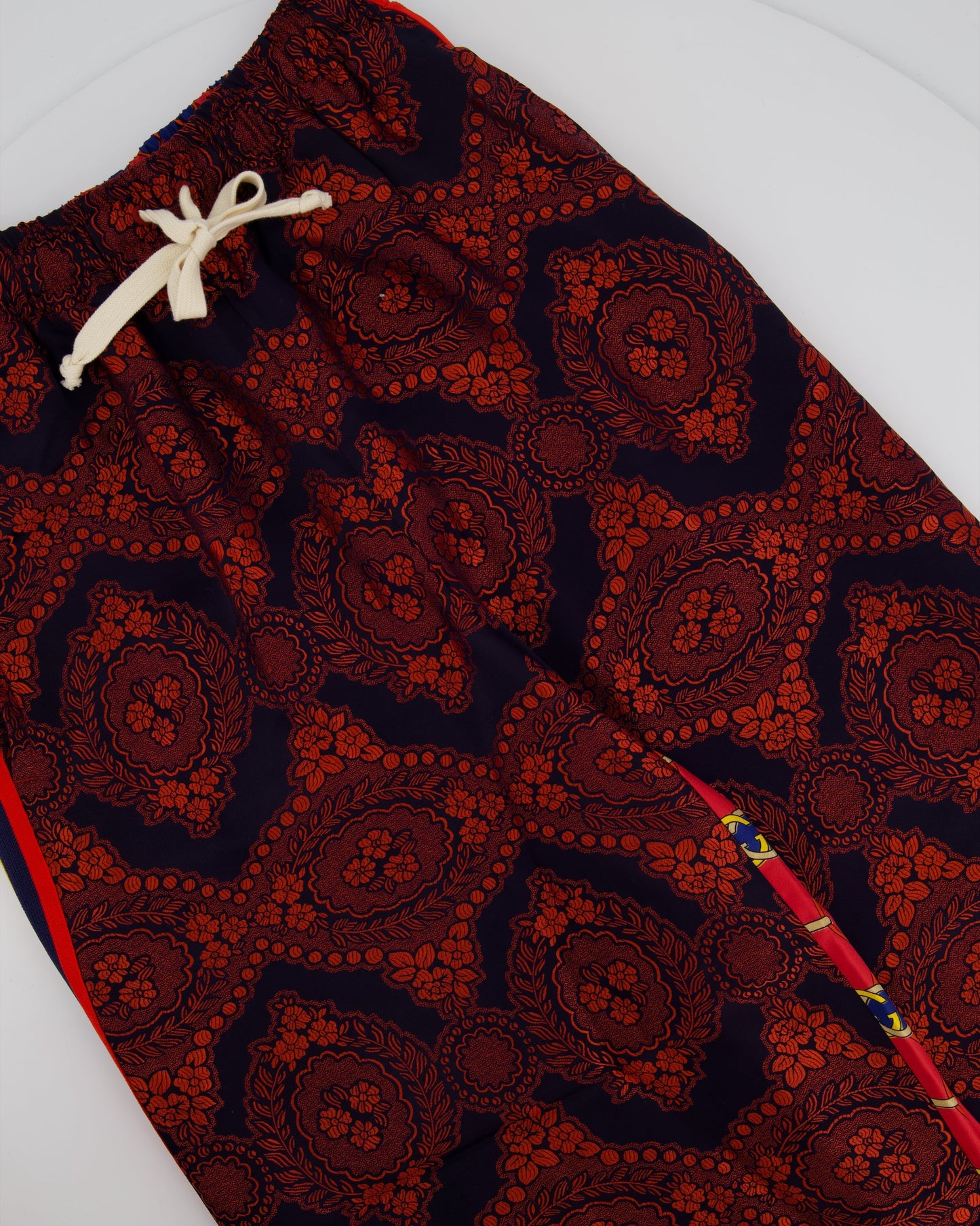 Luxury Gucci Red and Blue Silk GG & Floral Jacquard Trousers Size XXS (UK 4)