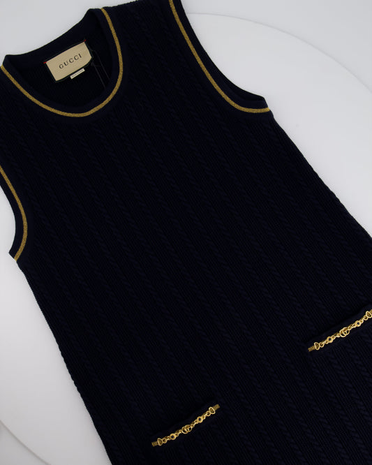Luxury Gucci Navy Knitted Mini Dress with Gold Chain Pocket Details Size IT S (UK 8)