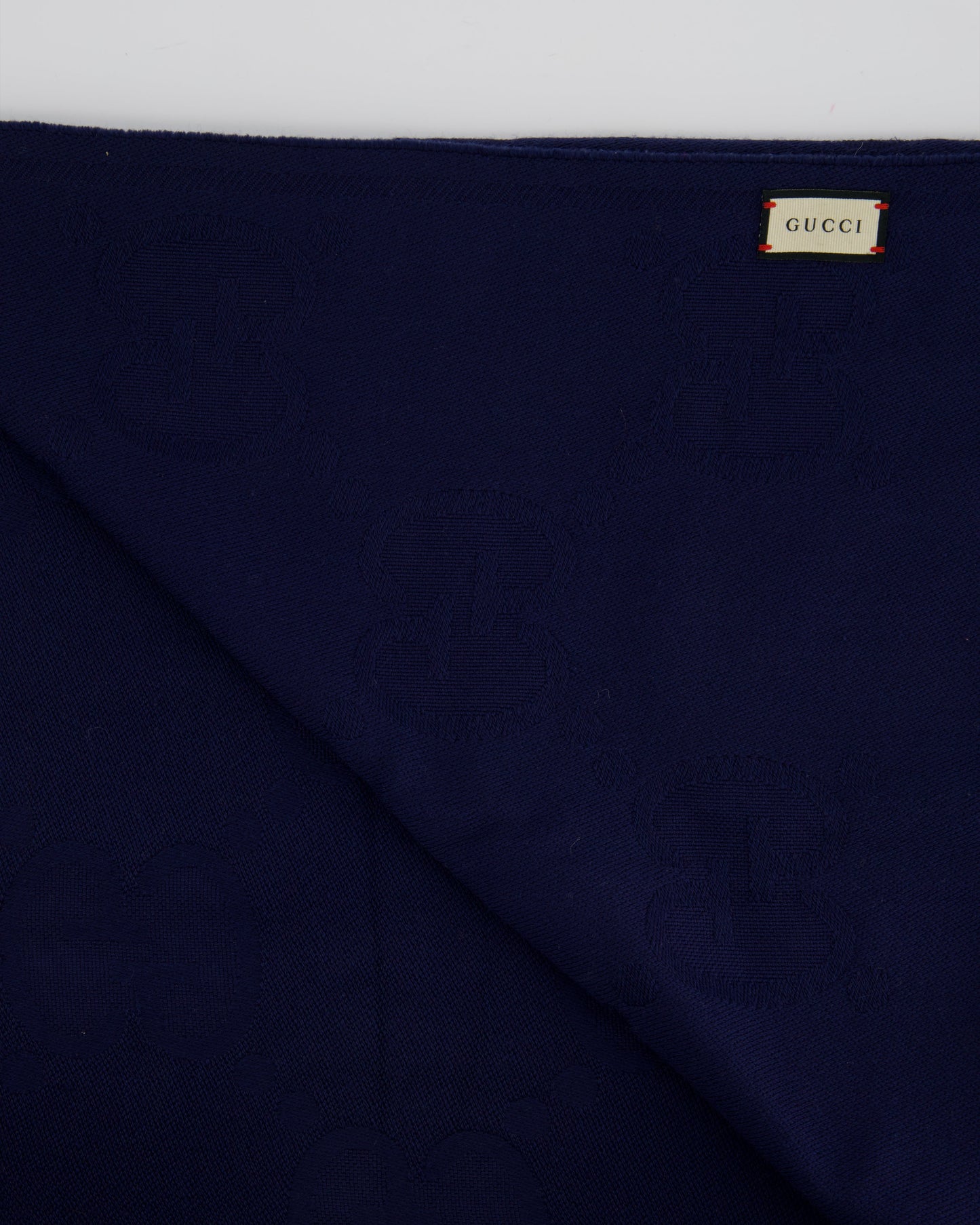 Luxury Gucci Navy Wool Monogram GG Printed Scarf