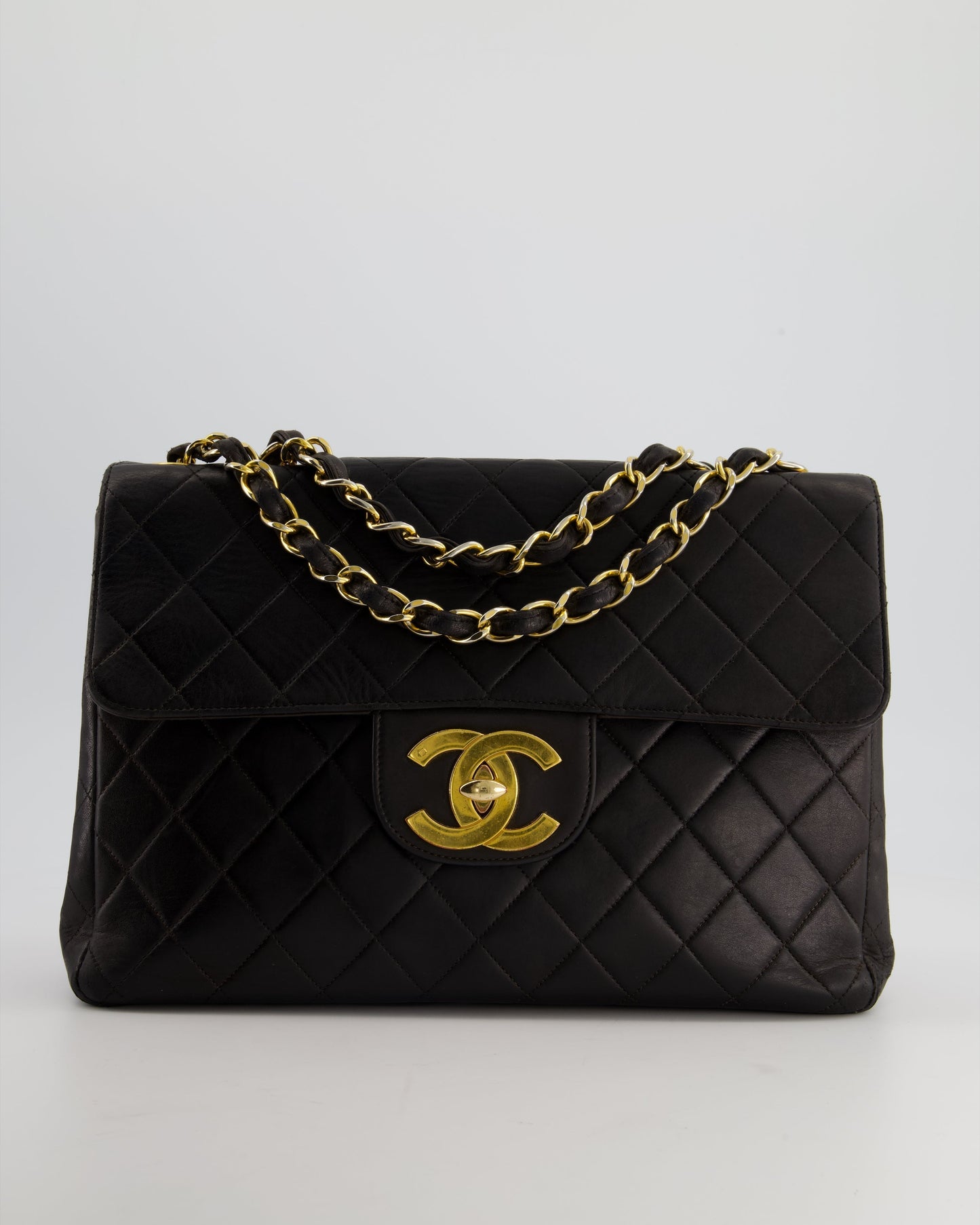 Chanel Black Vintage Maxi Mademoiselle Single Flap Bag in Lambskin with 24K Gold Hardware