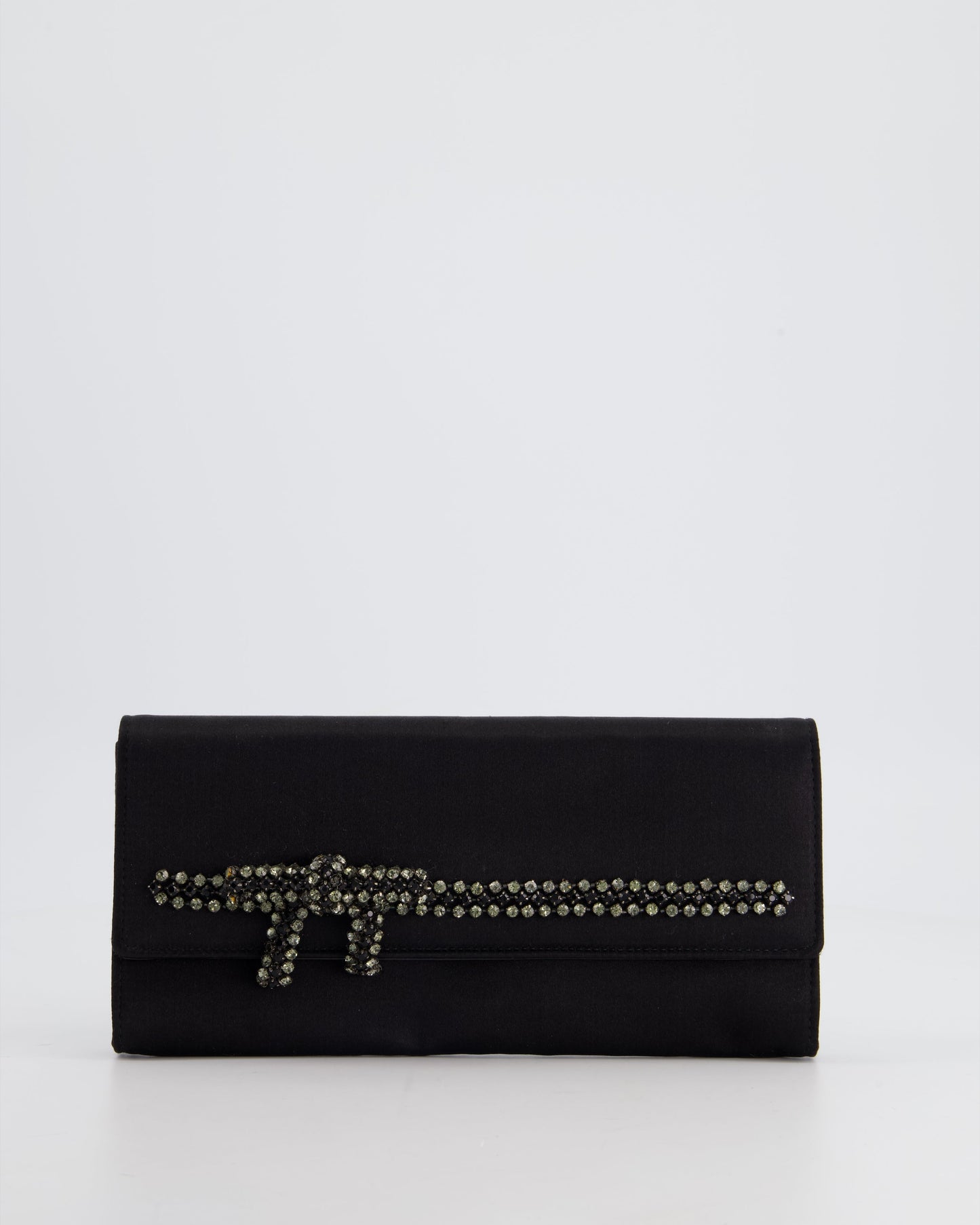 Luxury Gucci Trending 2025 Black Rectangular Satin Clutch Bag with Embellished Bow Detail