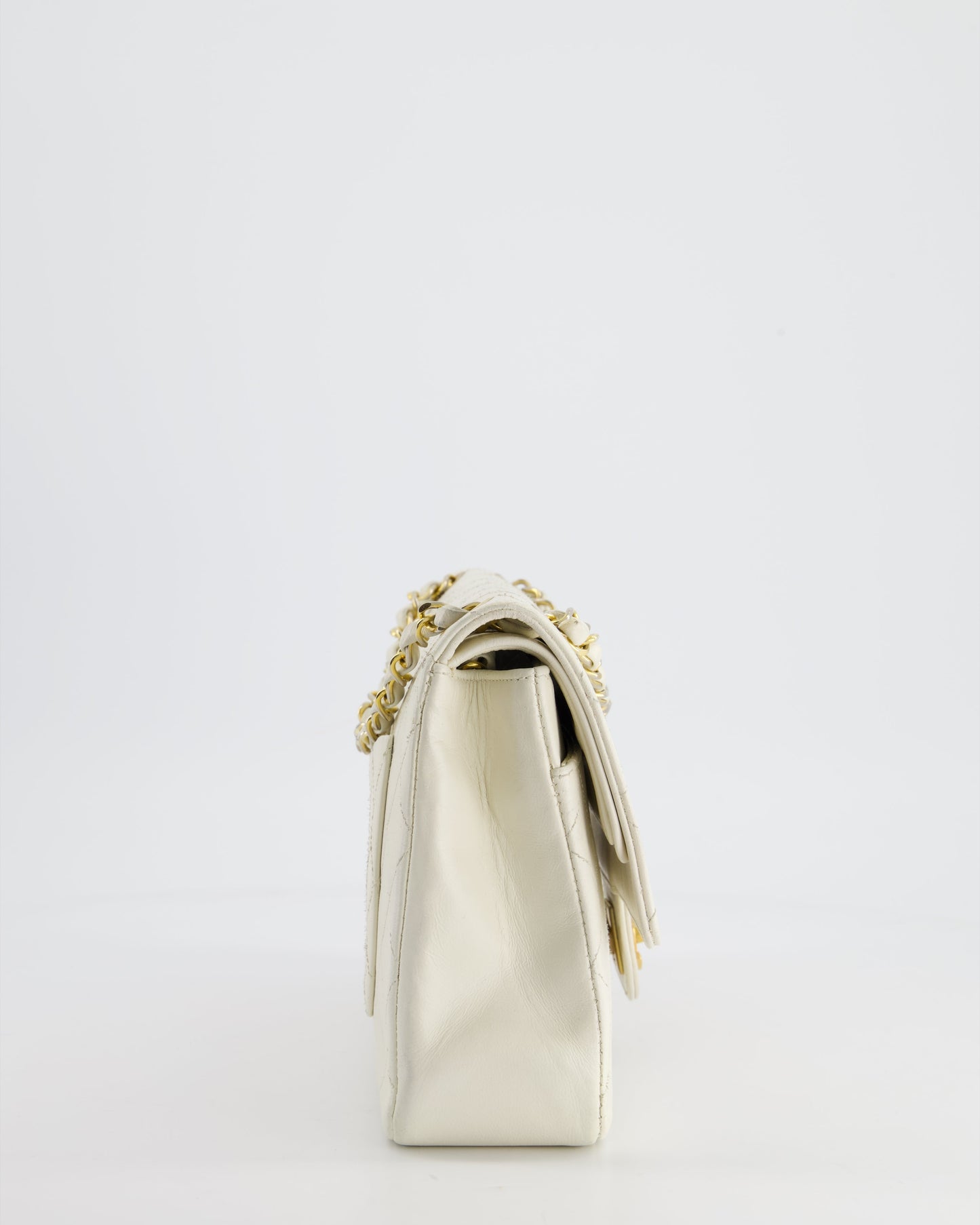 Chanel Vintage White Stitched Edge Classic Double Flap Bag with 24K Gold Hardware
