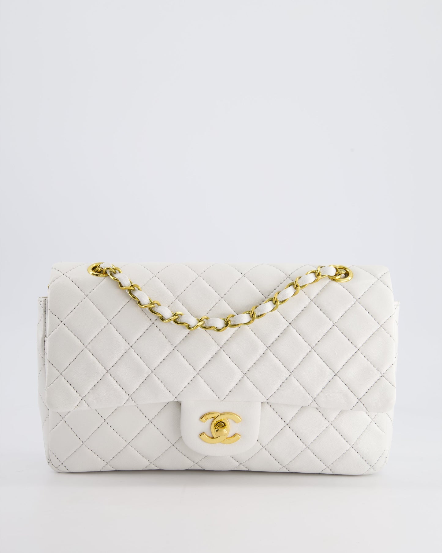 Chanel White Vintage Classic Double Flap Bag in Lambskin Leather with 24K Gold Hardware