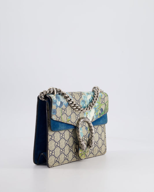 Luxury Gucci Trending 2025 Brown and Blue Floral Canvas Mini Supreme Dionysus Crossbody Bag With Ruthenium Hardware