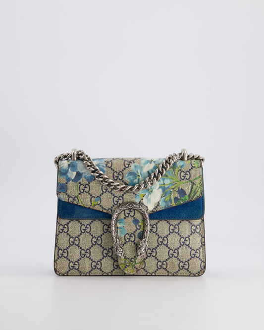 Luxury Gucci Trending 2025 Brown and Blue Floral Canvas Mini Supreme Dionysus Crossbody Bag With Ruthenium Hardware