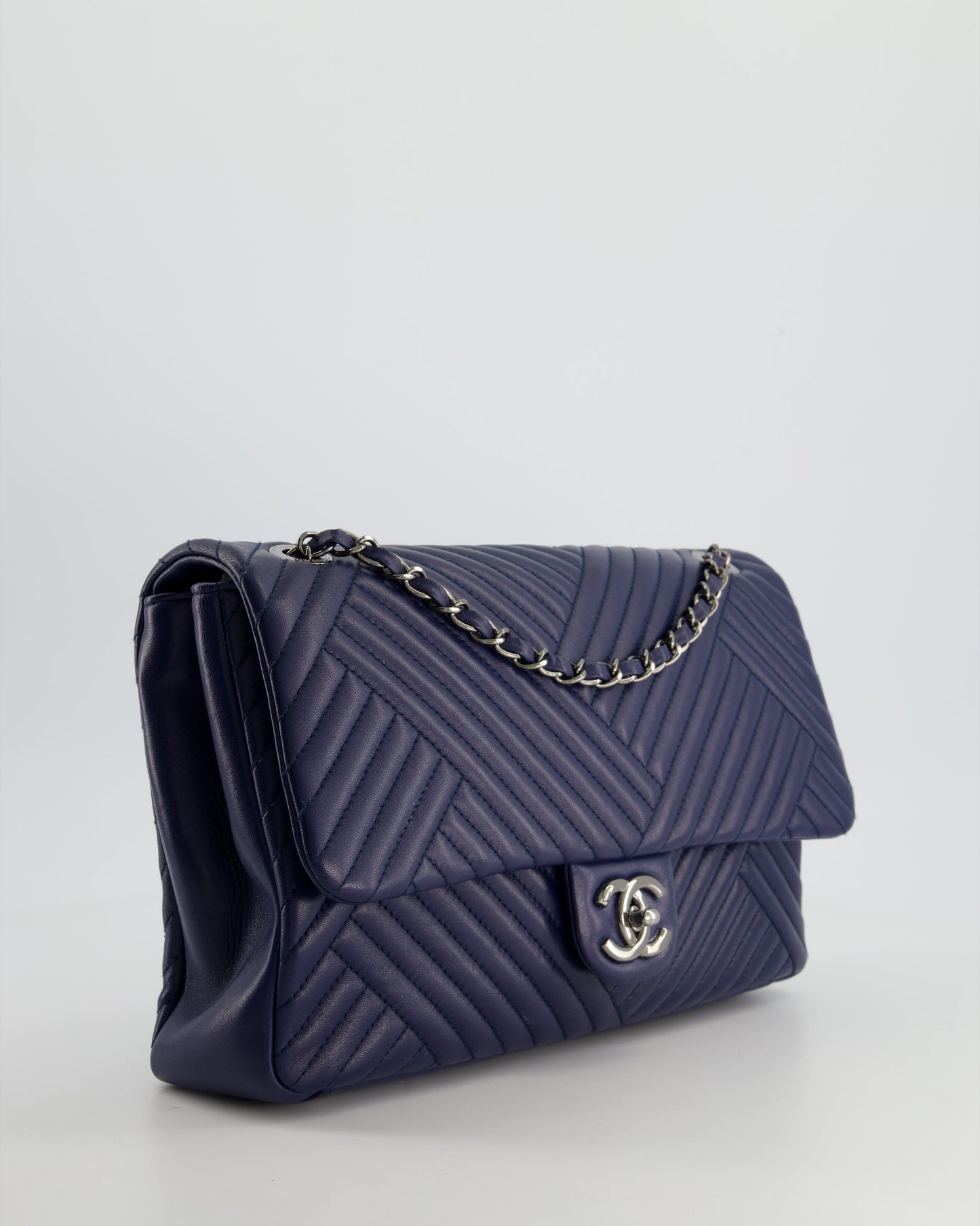 Chanel Navy Jumbo Chevron Quilted Flap Bag in Lambskin Leather with Gun Metal Silver Hardware