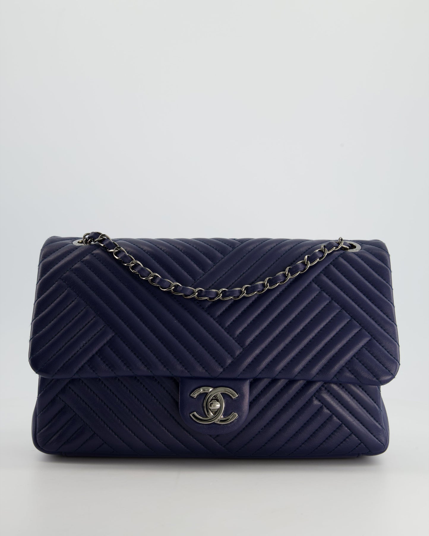 Chanel Navy Jumbo Chevron Quilted Flap Bag in Lambskin Leather with Gun Metal Silver Hardware