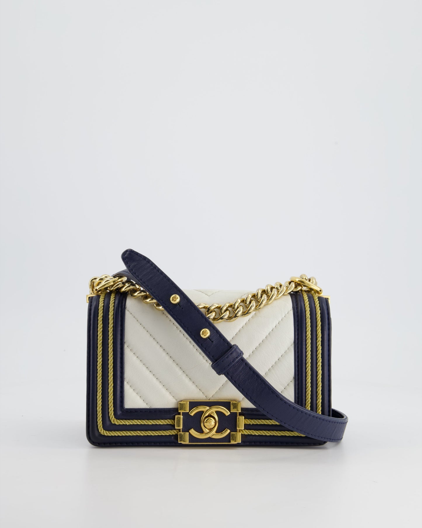 Chanel Navy and White 19C Small Boy Bag in Chevron Lambskin Leather and Gold Hardware with Gold Rope Trim Detailing