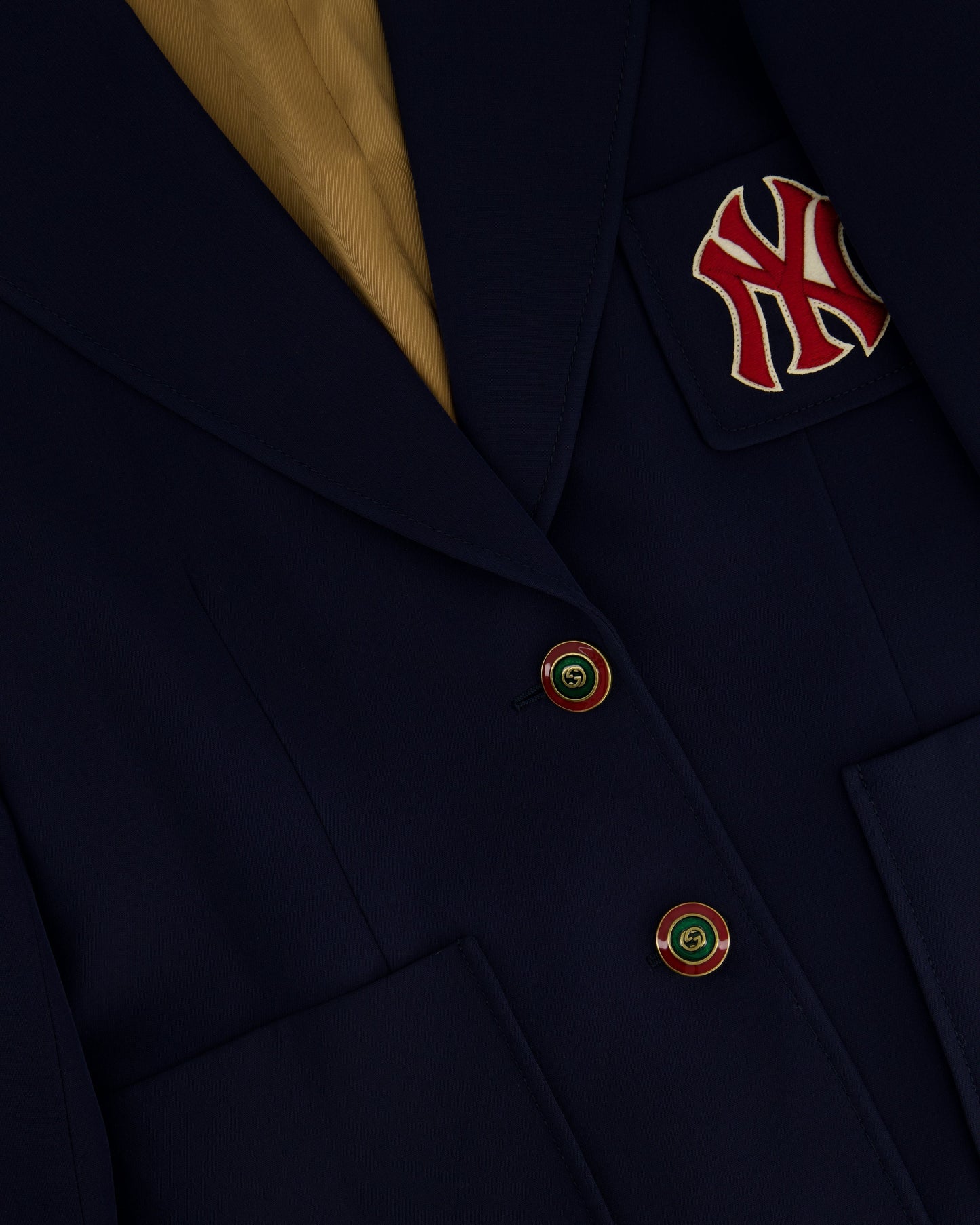 Luxury Gucci Navy Single-Breasted Blazer Jacket with Red NY Patch and Logo Button Detail Size IT 40 (UK 8)