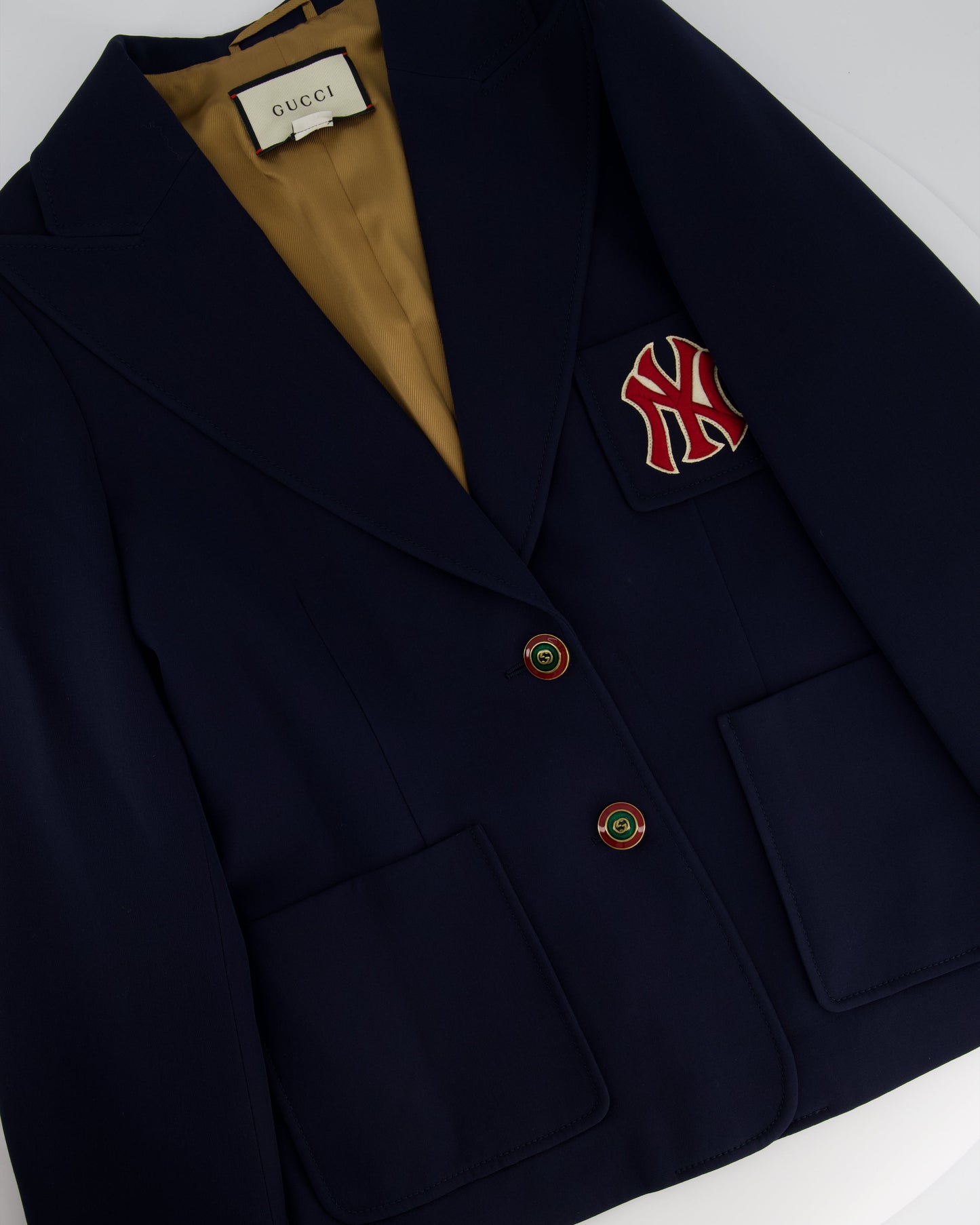 Luxury Gucci Navy Single-Breasted Blazer Jacket with Red NY Patch and Logo Button Detail Size IT 40 (UK 8)