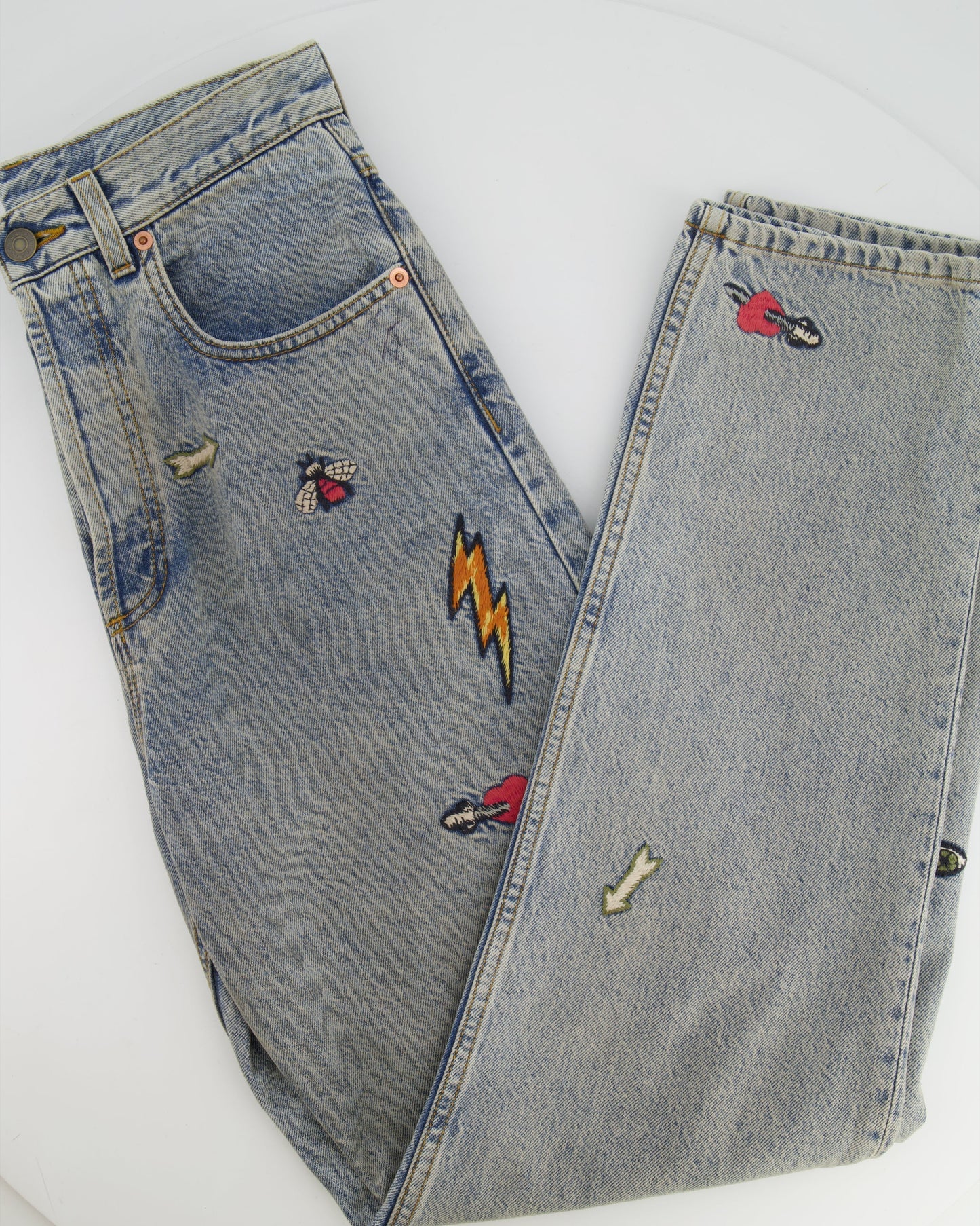 Luxury Gucci Trending 2025 Blue Straight Loved Jeans with Multicolour Embroideries Size 25
