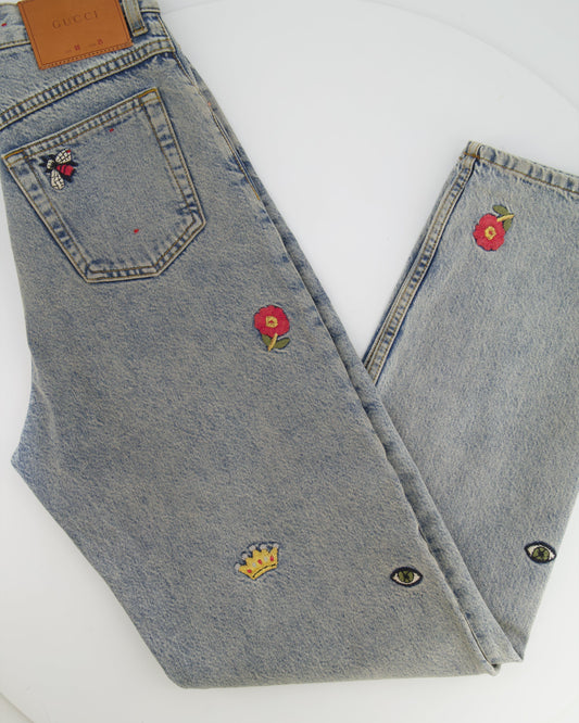 Luxury Gucci Trending 2025 Blue Straight Loved Jeans with Multicolour Embroideries Size 25