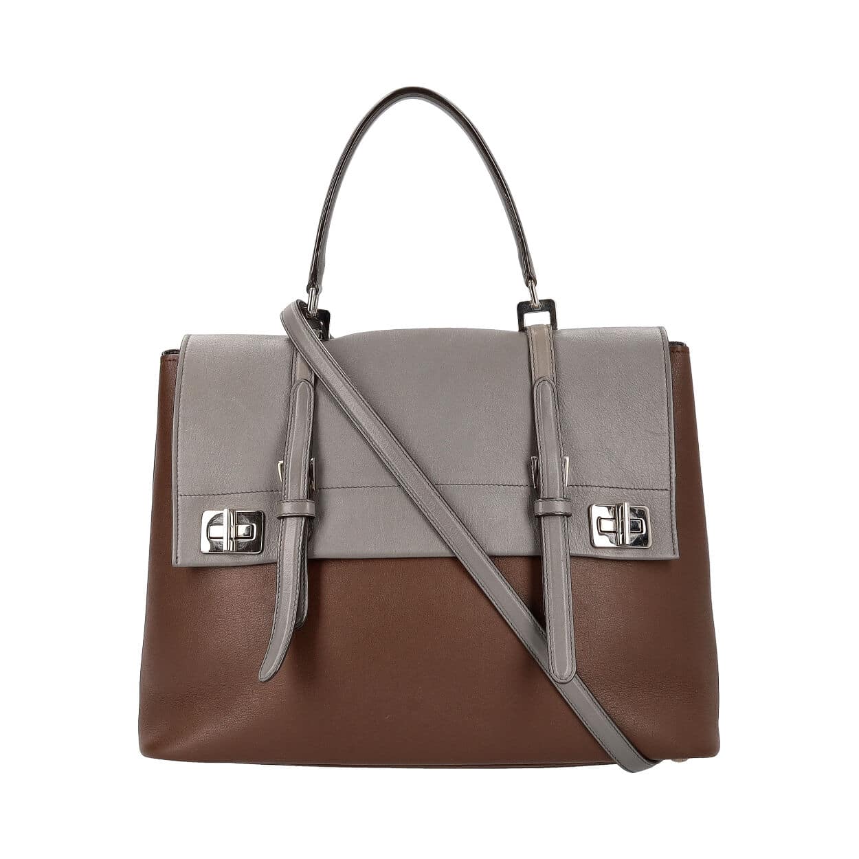 Luxury PradaLeather Double Twist Lock Satchel Brown/Grey