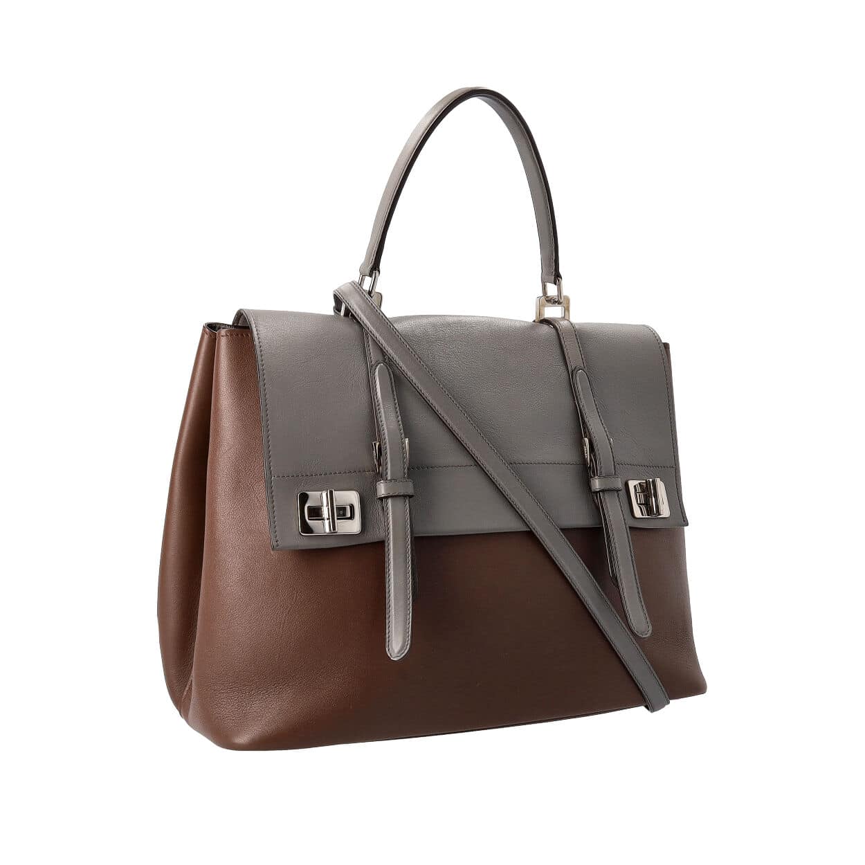 Luxury PradaLeather Double Twist Lock Satchel Brown/Grey
