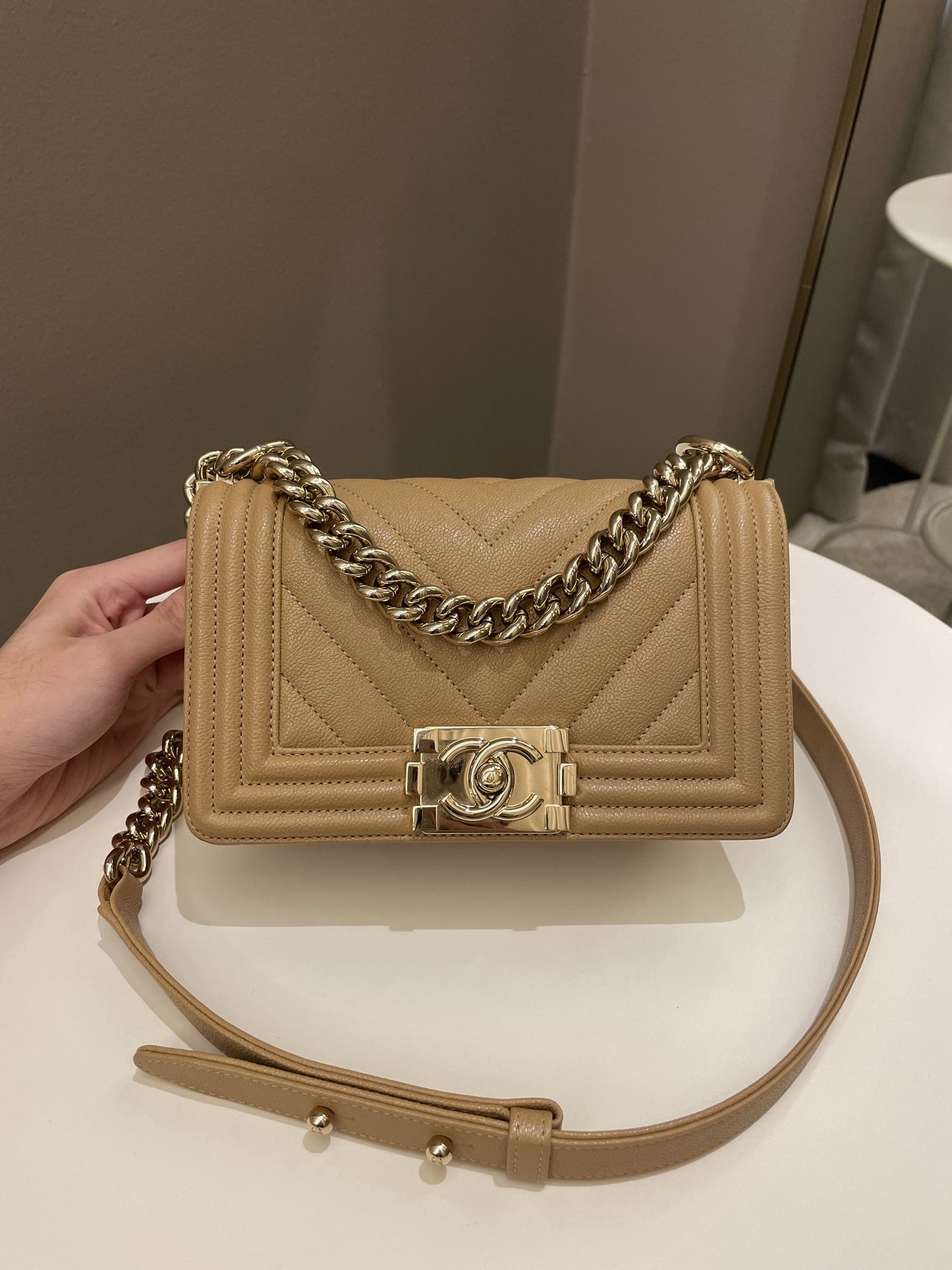 Luxury Chanel Chevron Small Boy Dark Milk Tea Beige Caviar
