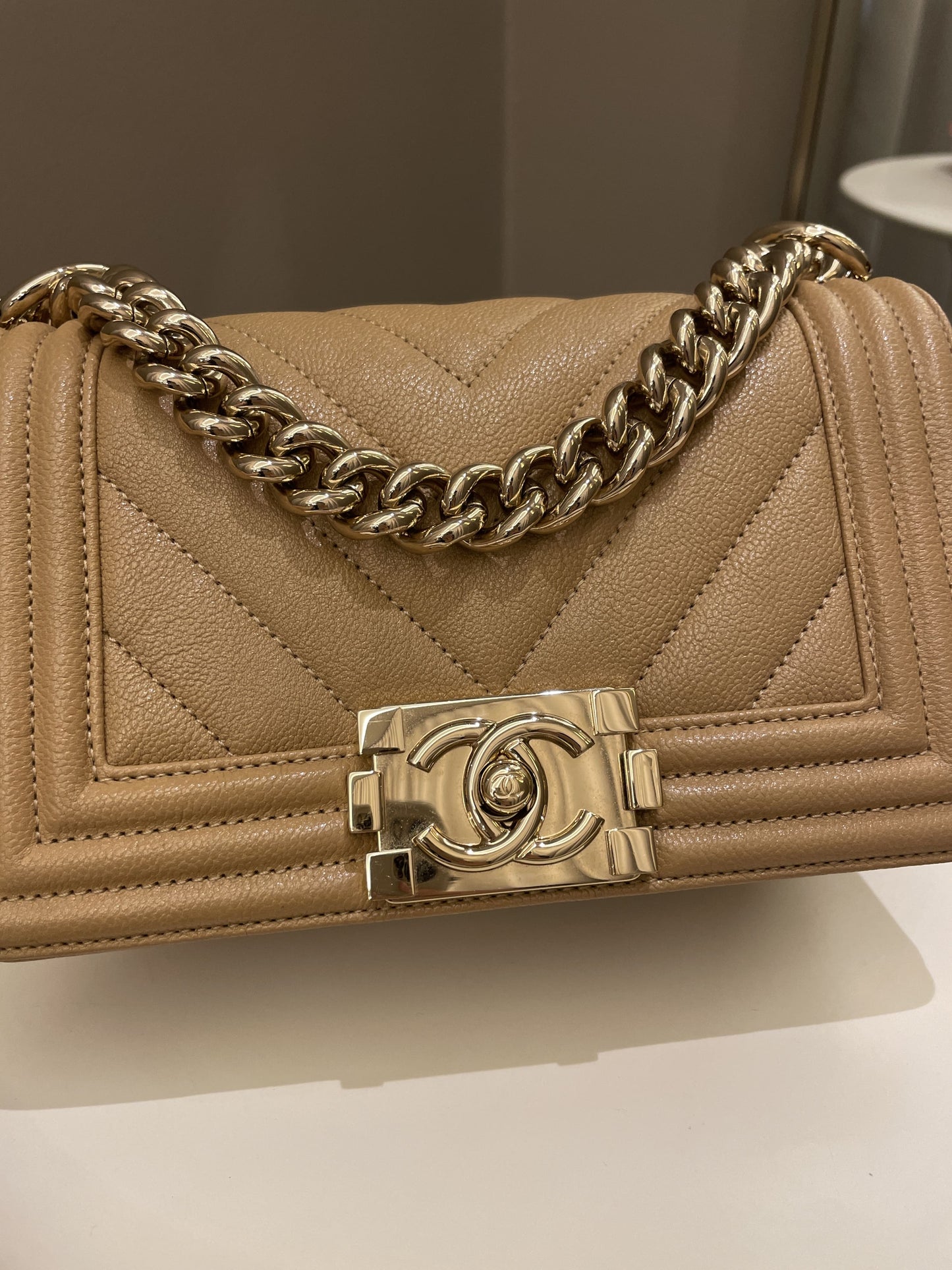 Luxury Chanel Chevron Small Boy Dark Milk Tea Beige Caviar