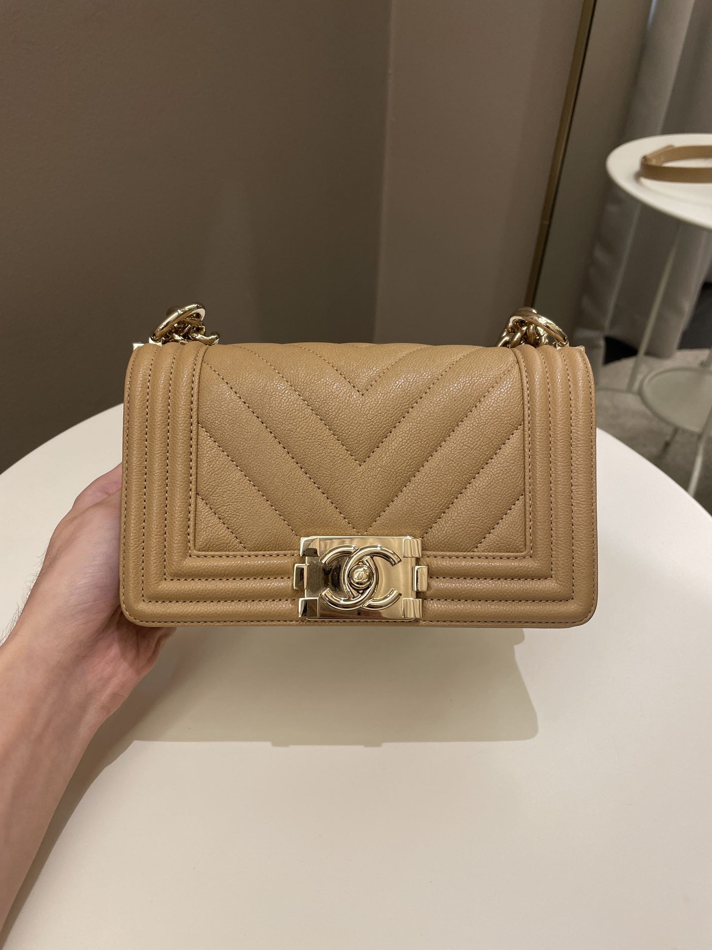 Luxury Chanel Chevron Small Boy Dark Milk Tea Beige Caviar