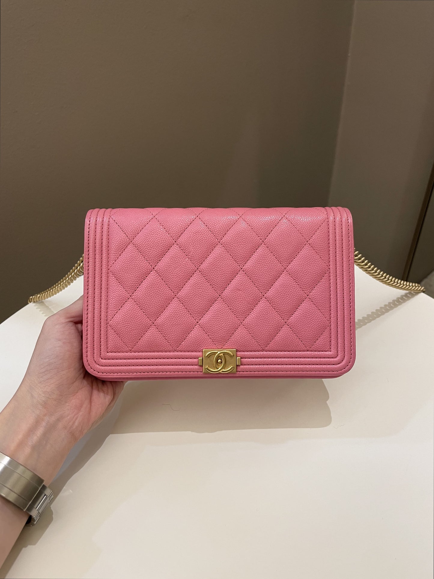 Luxury Chanel Quilted Boy Wallet On Chain Pink Caviar