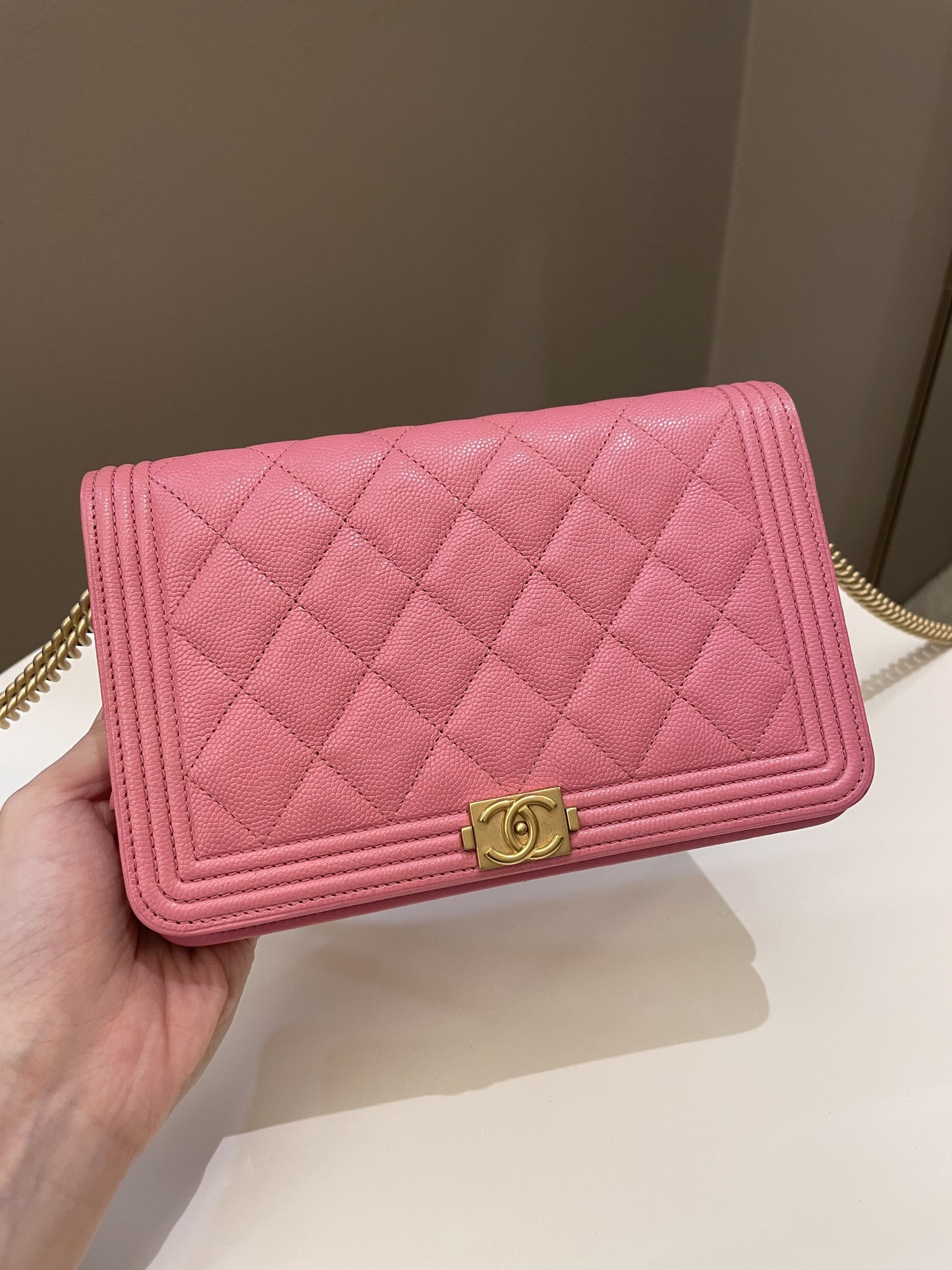 Luxury Chanel Quilted Boy Wallet On Chain Pink Caviar