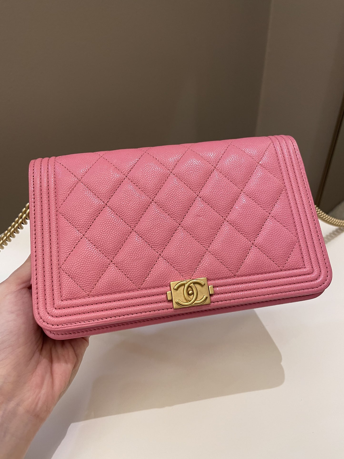 Luxury Chanel Quilted Boy Wallet On Chain Pink Caviar