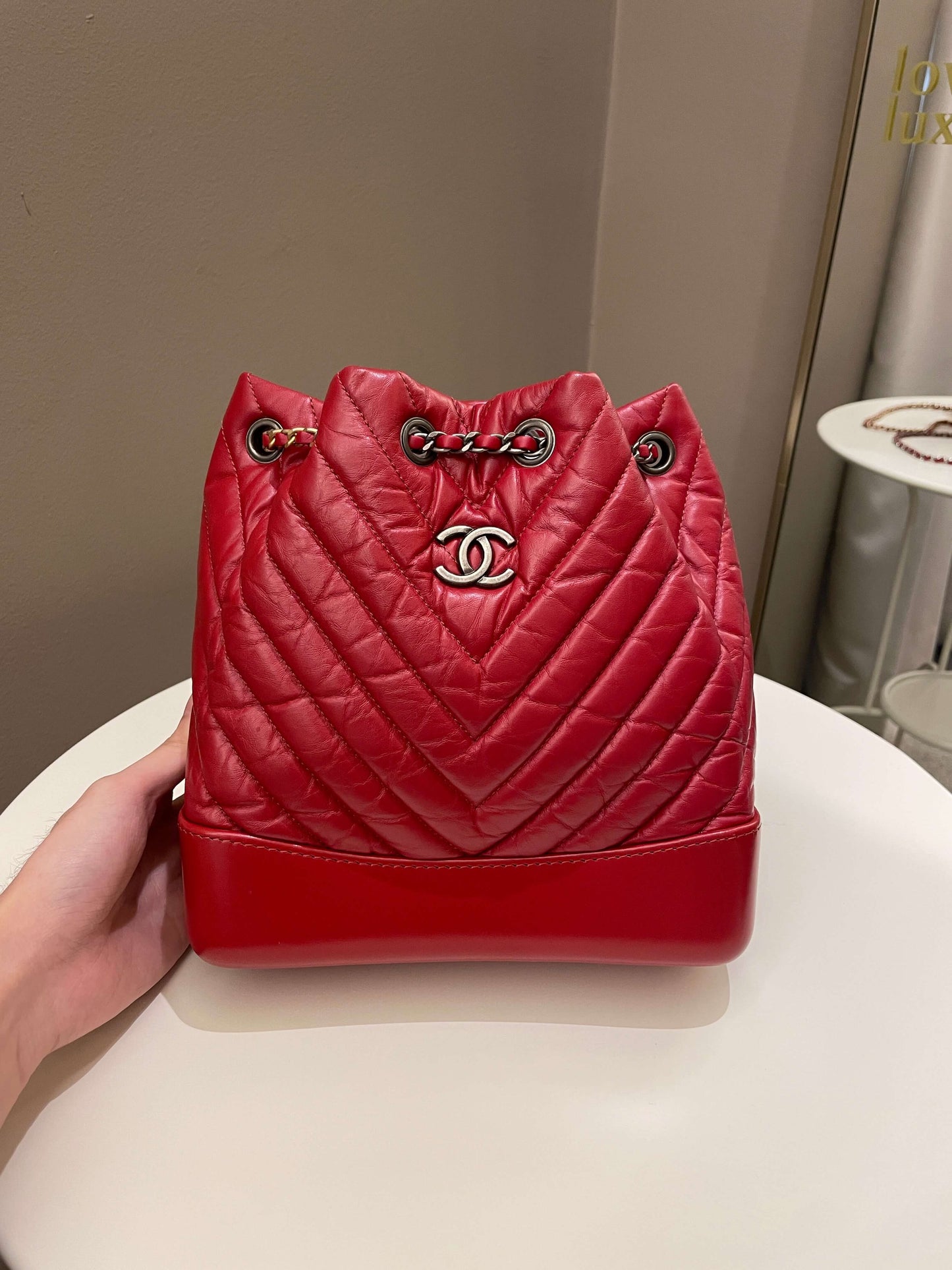 Luxury Chanel Chevron Gabrielle Backpack Red Aged Calfskin