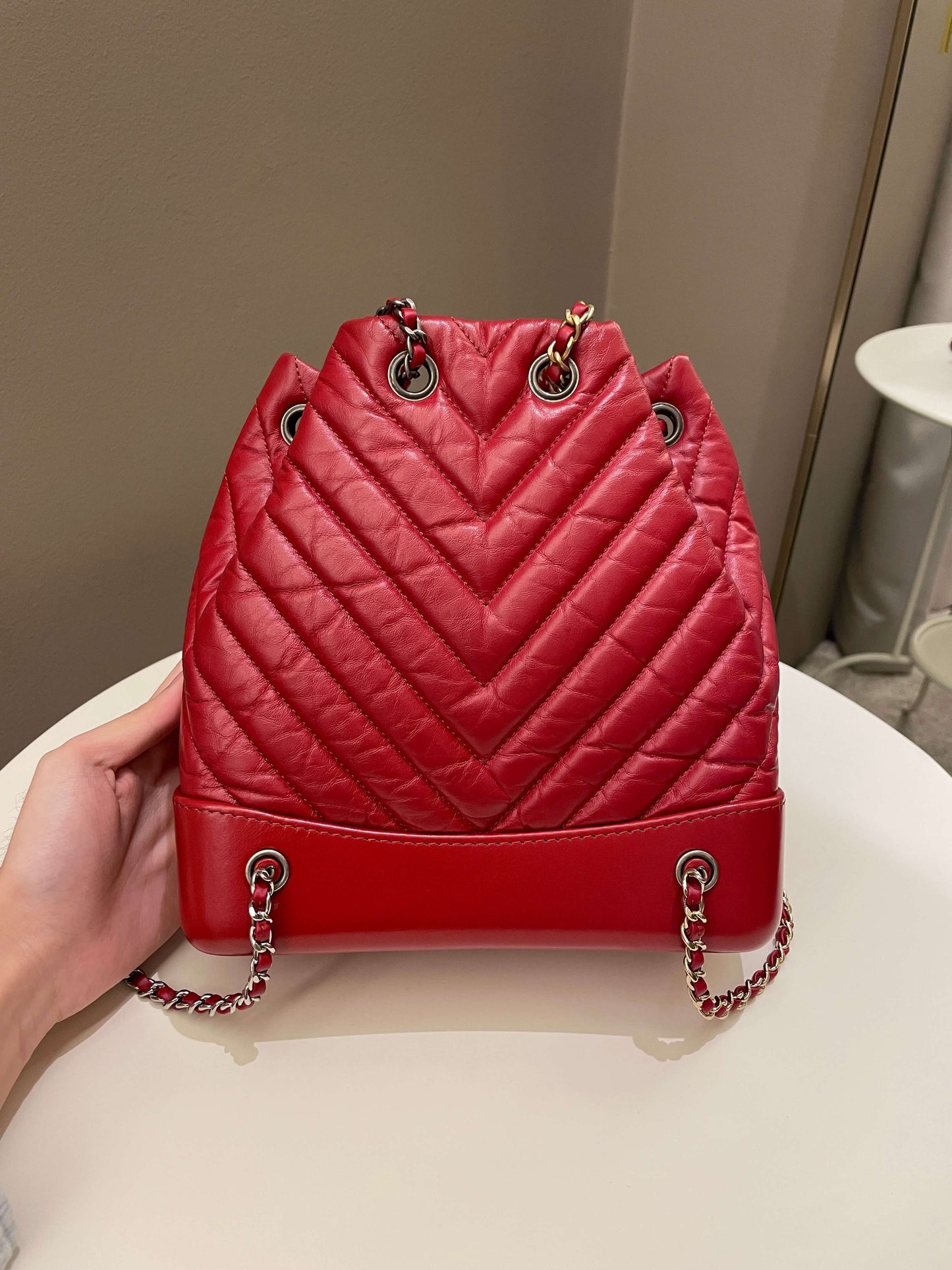Luxury Chanel Chevron Gabrielle Backpack Red Aged Calfskin