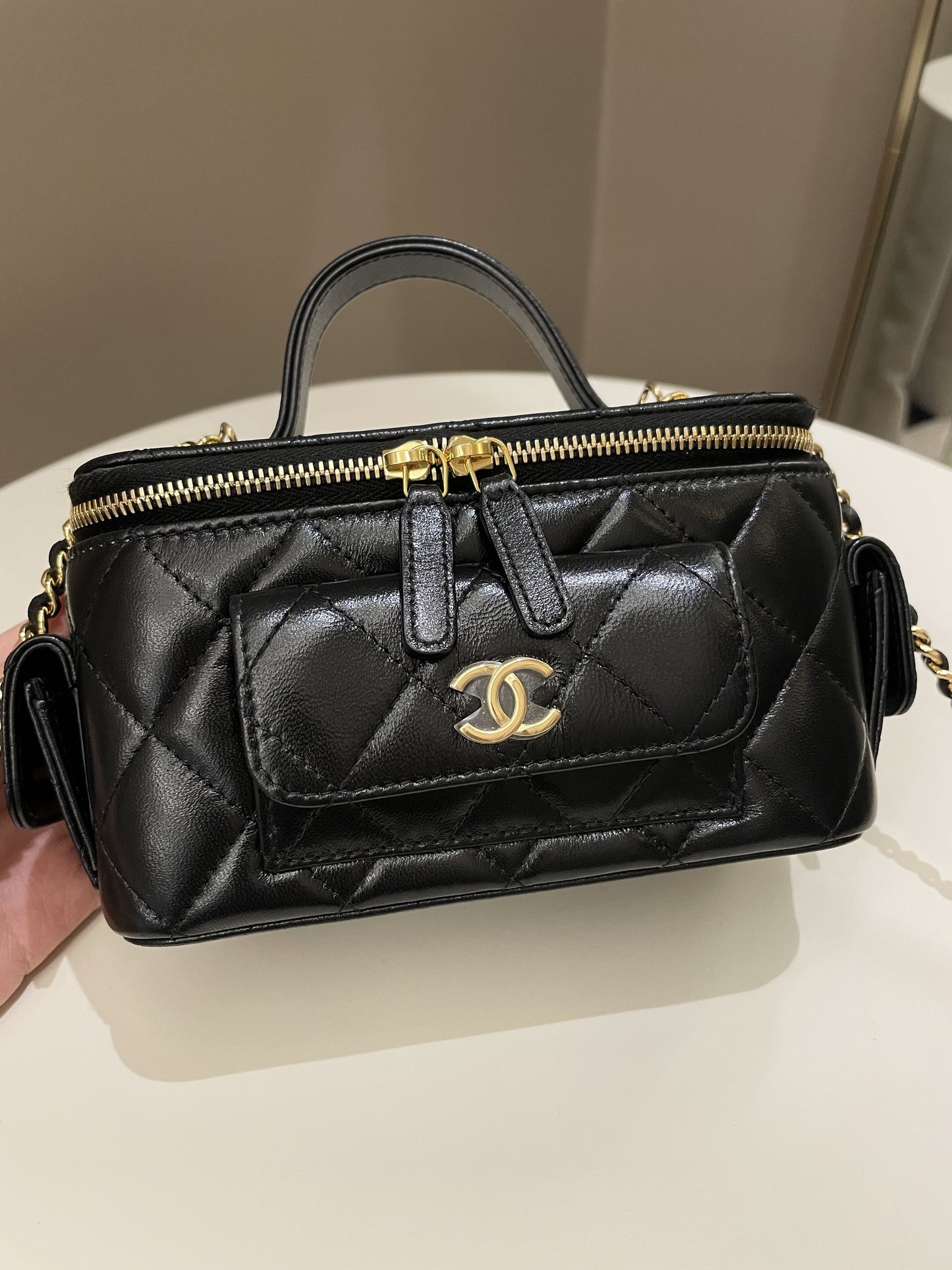 Luxury Chanel Polly Pocket Multi Pocket Vanity Case Bag Black Glazed Lambskin