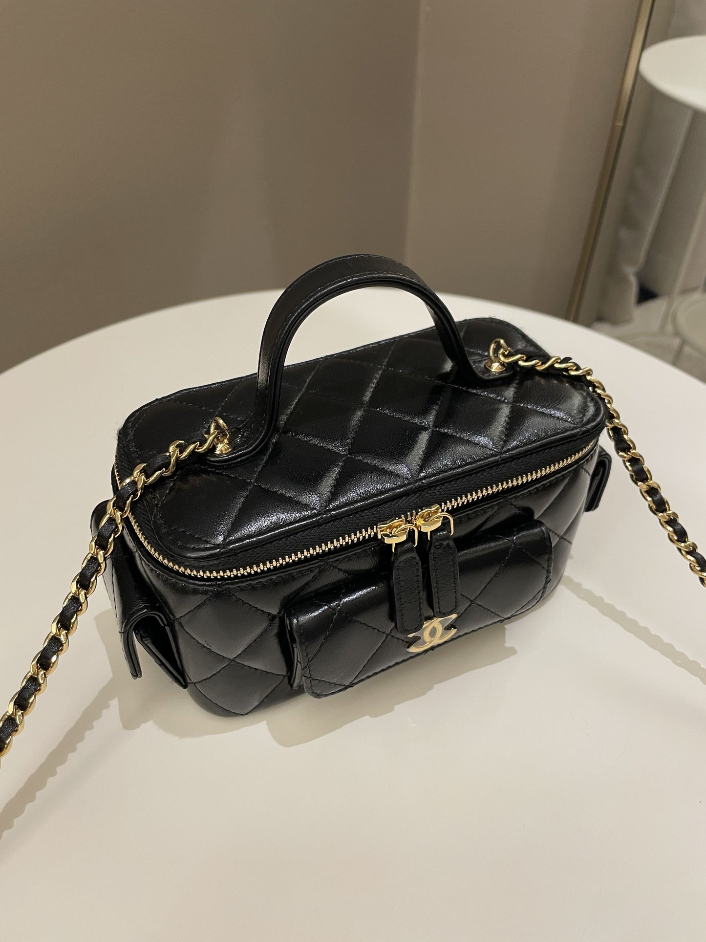 Luxury Chanel Polly Pocket Multi Pocket Vanity Case Bag Black Glazed Lambskin