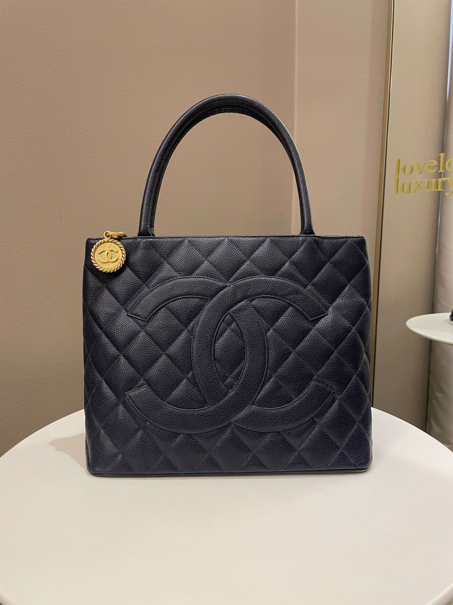 Luxury Chanel Vintage Medallion Tote Navy Caviar