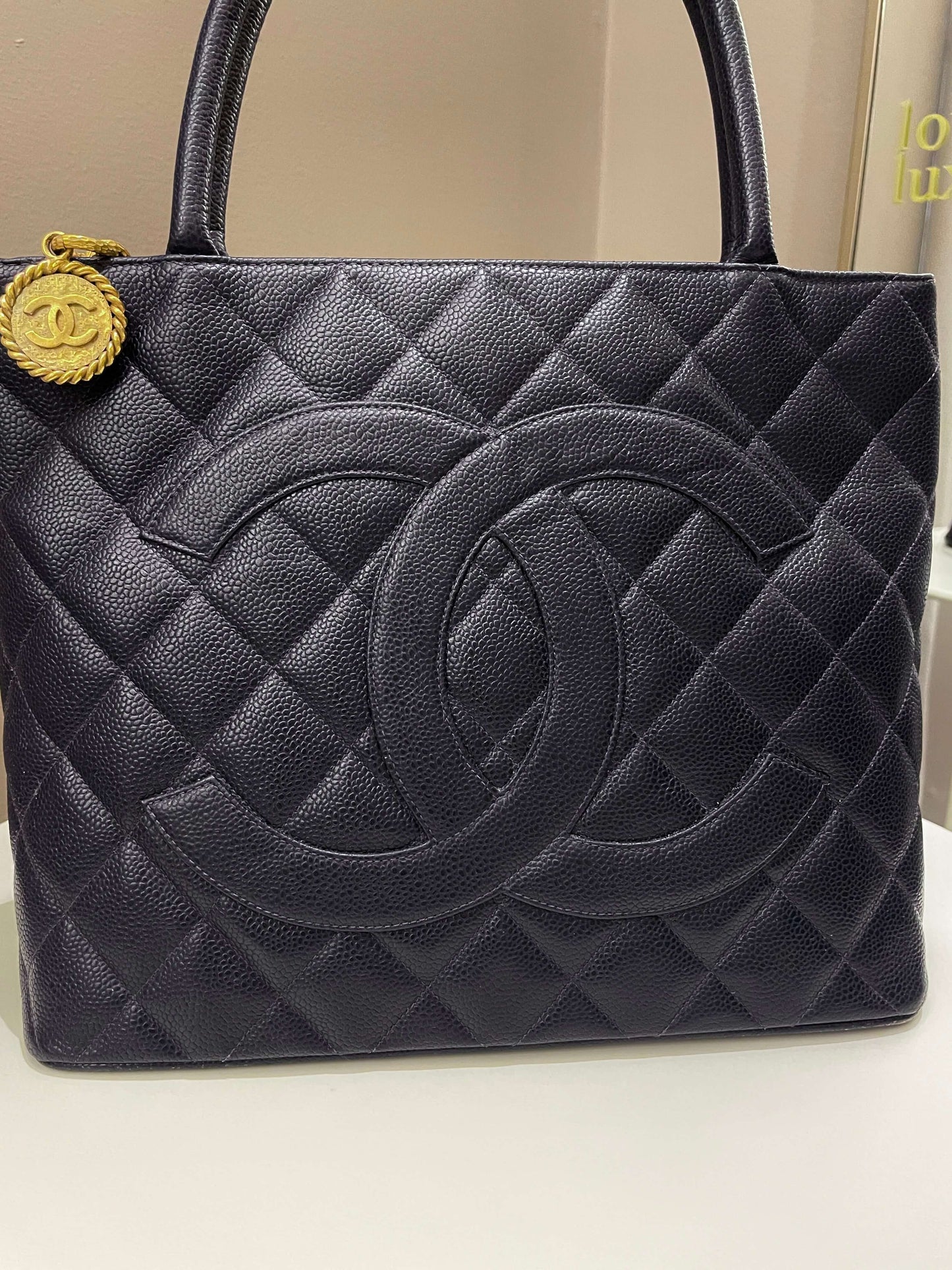 Luxury Chanel Vintage Medallion Tote Navy Caviar