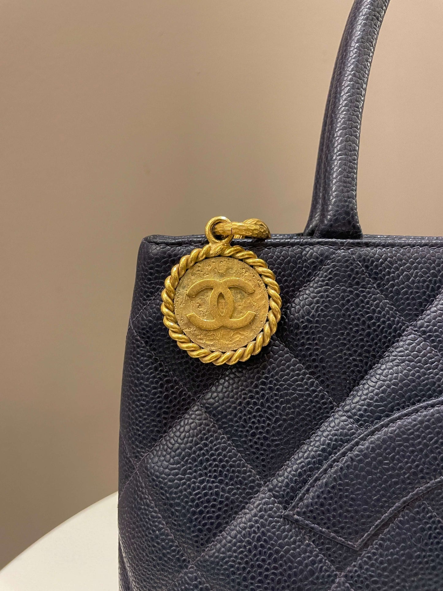 Luxury Chanel Vintage Medallion Tote Navy Caviar
