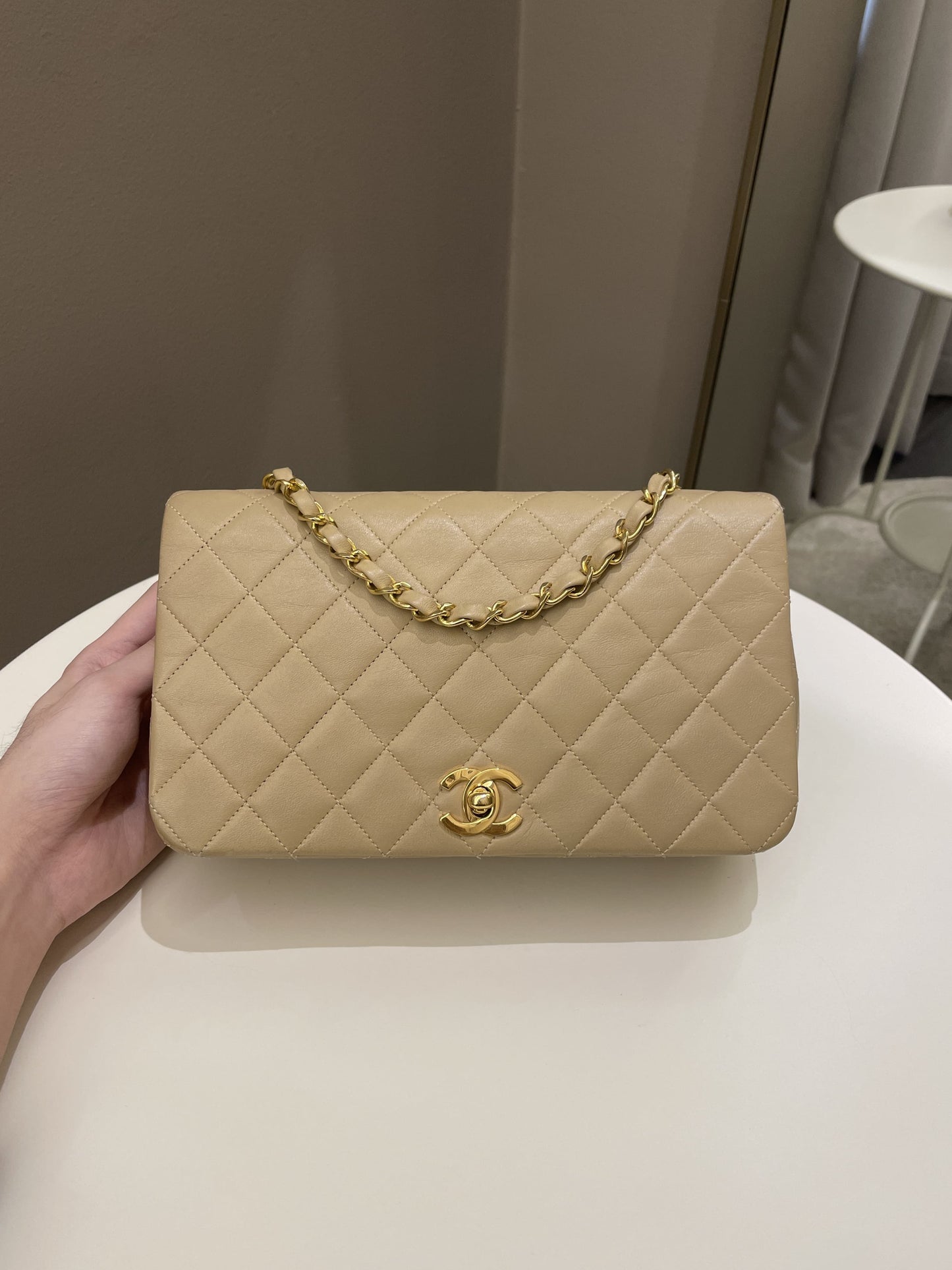 Luxury Chanel Vintage Quilted Full Flap Bag Beige Lambskin