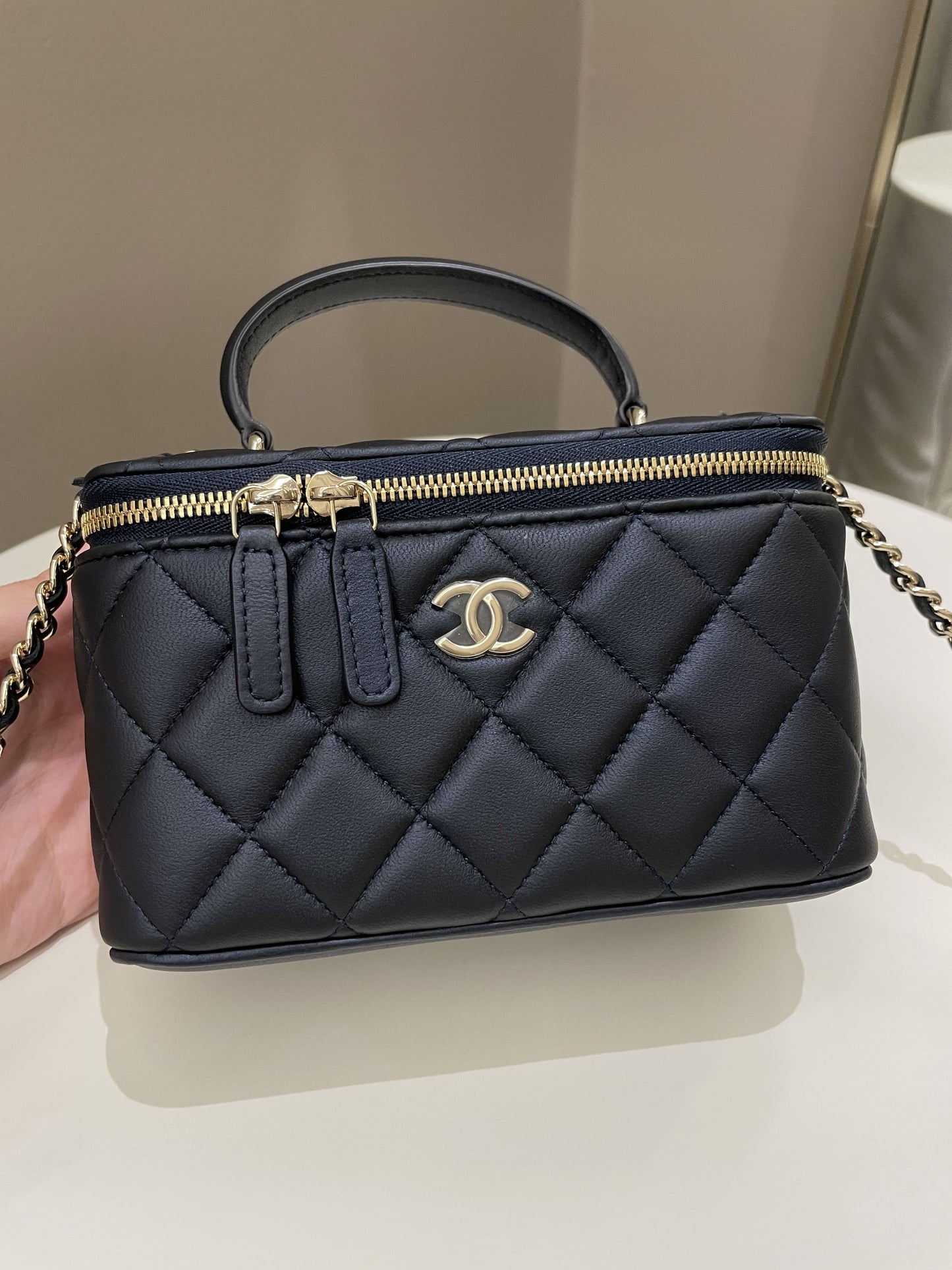 Luxury Chanel Quilted Mini Vanity Rectangular Top Handle Midnight Lambskin