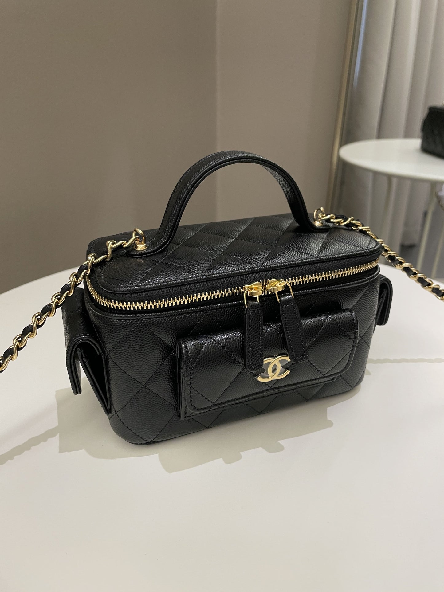 Luxury Chanel Polly Pocket Multi Pocket Vanity Case Bag Black Caviar