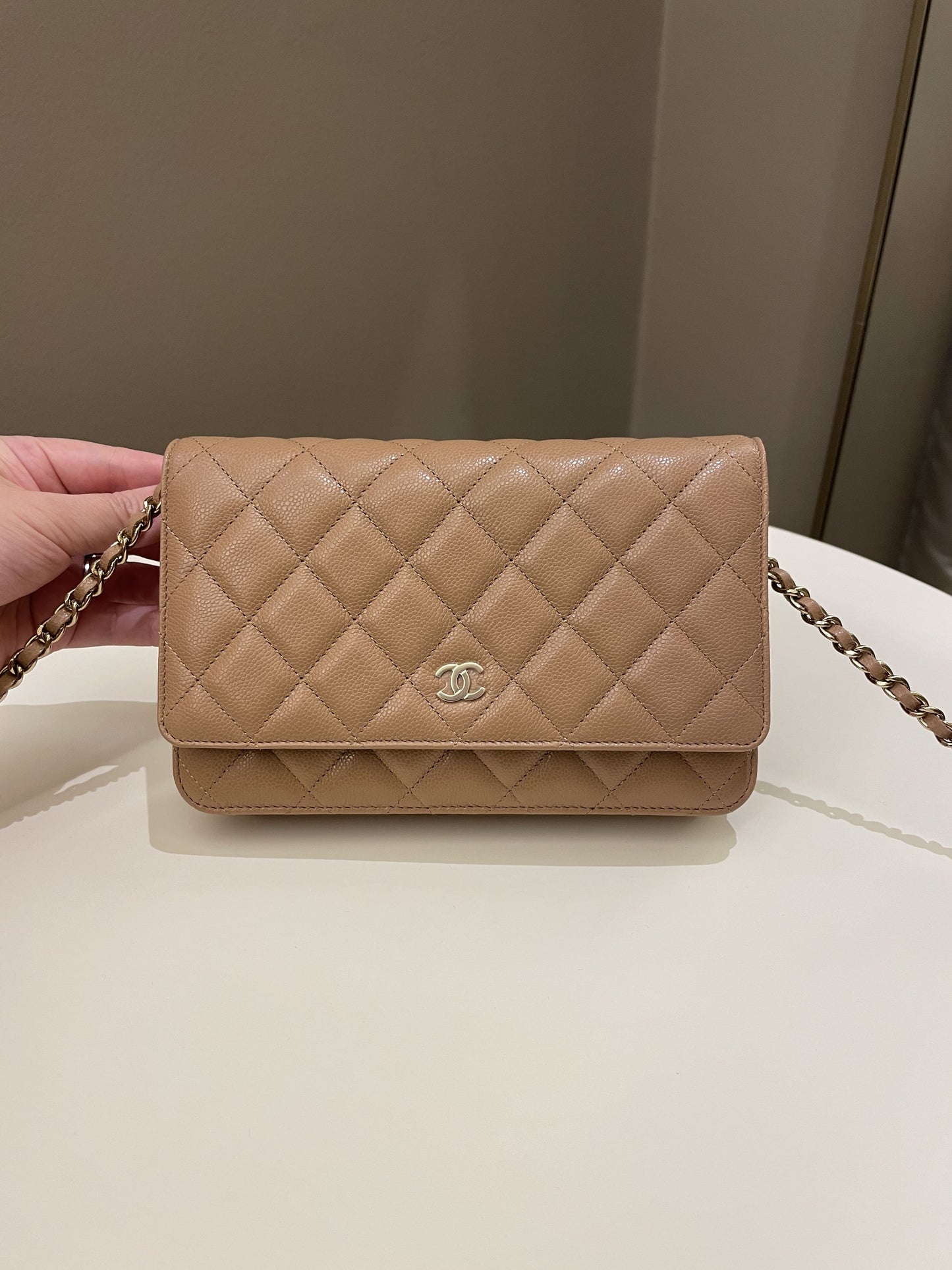 Luxury Chanel Classic Quilted Wallet on Chain Dark Nude Beige Caviar