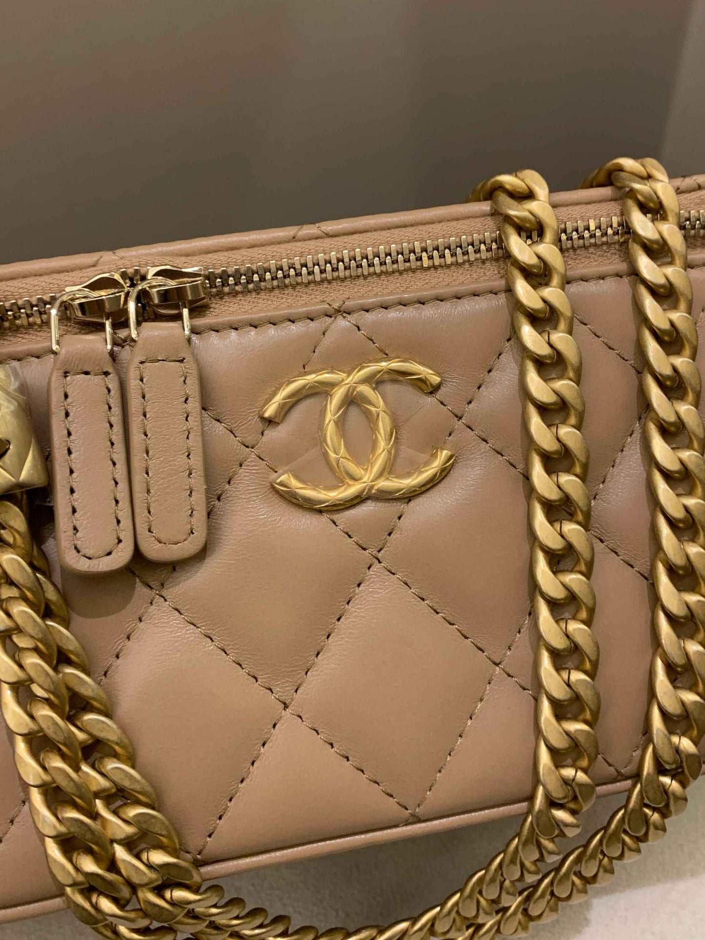 Luxury Chanel 22K Quilted Mini Crush Vanity Rectangular Dark Beige Lambskin