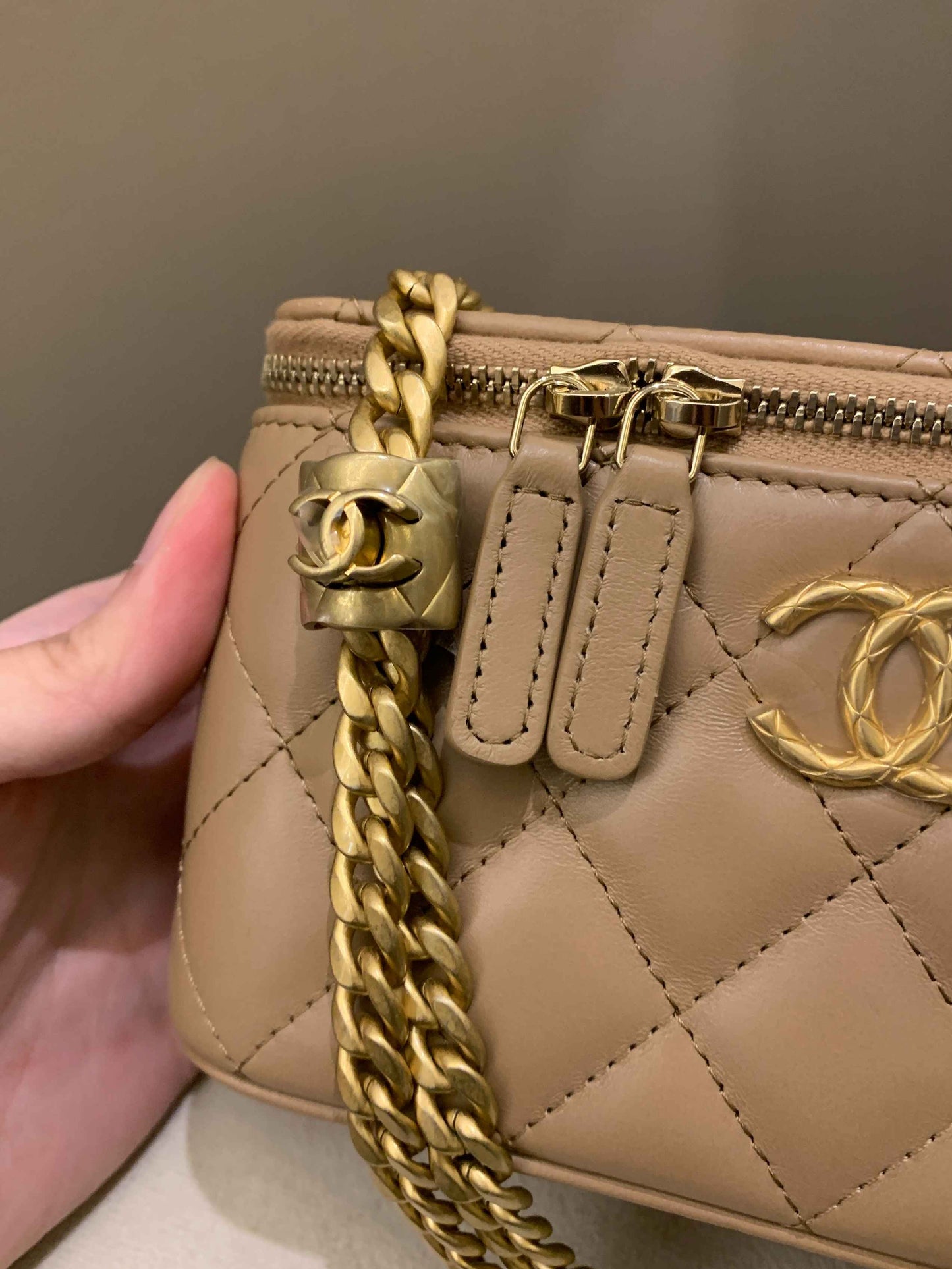 Luxury Chanel 22K Quilted Mini Crush Vanity Rectangular Dark Beige Lambskin