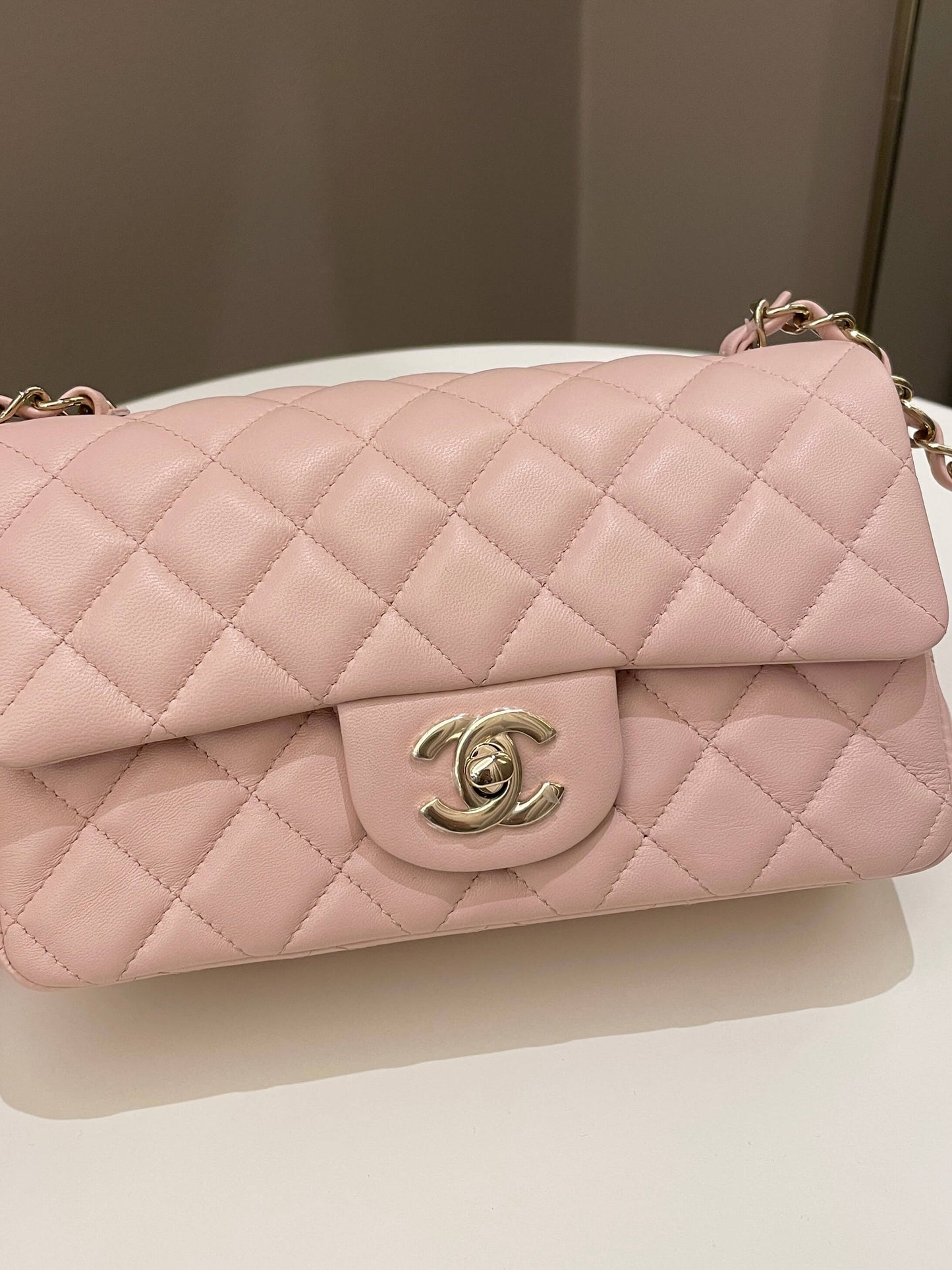 Luxury Chanel Classic Quilted Mini Rectangular Pale Pink Lambskin